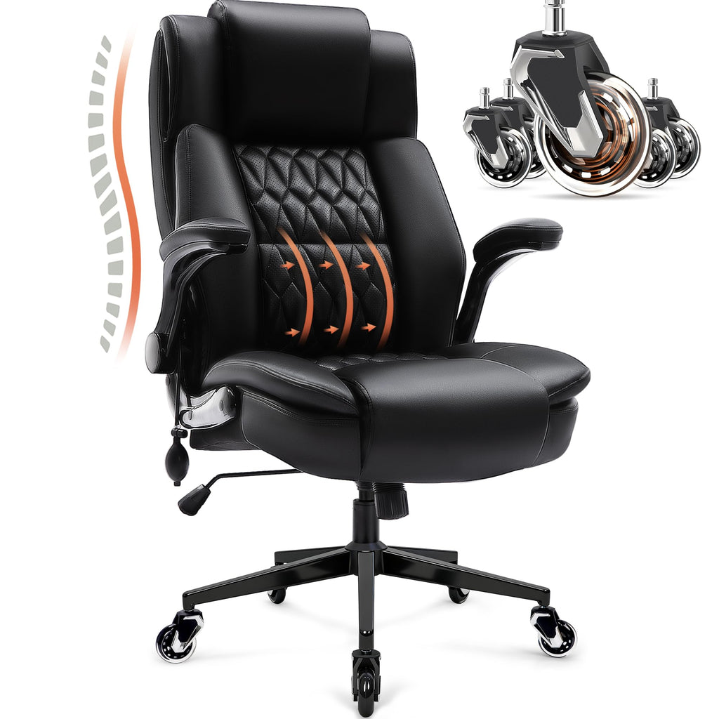 Large High Back Office Chair - Adjustable Lumbar Support Flip Up Arms Heavy Duty Quiet Wheels Metal Base Breathable Bonded Leather Ergonomic