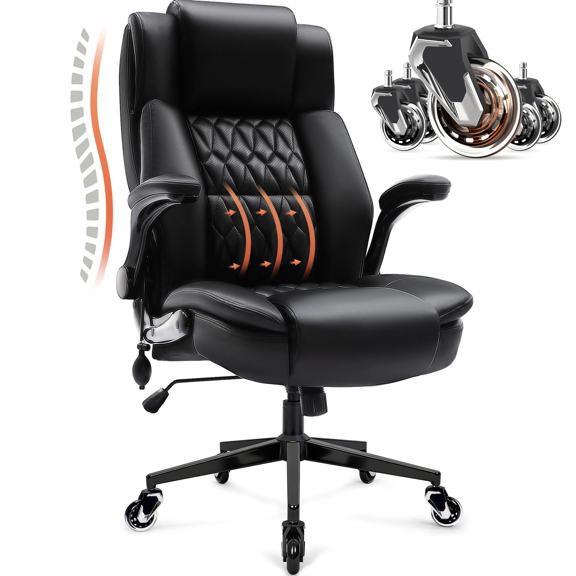 Large High Back Office Chair - Adjustable Lumbar Support Flip Up Arms Heavy Duty Quiet Wheels Metal Base Breathable Bonded Leather Ergonomic