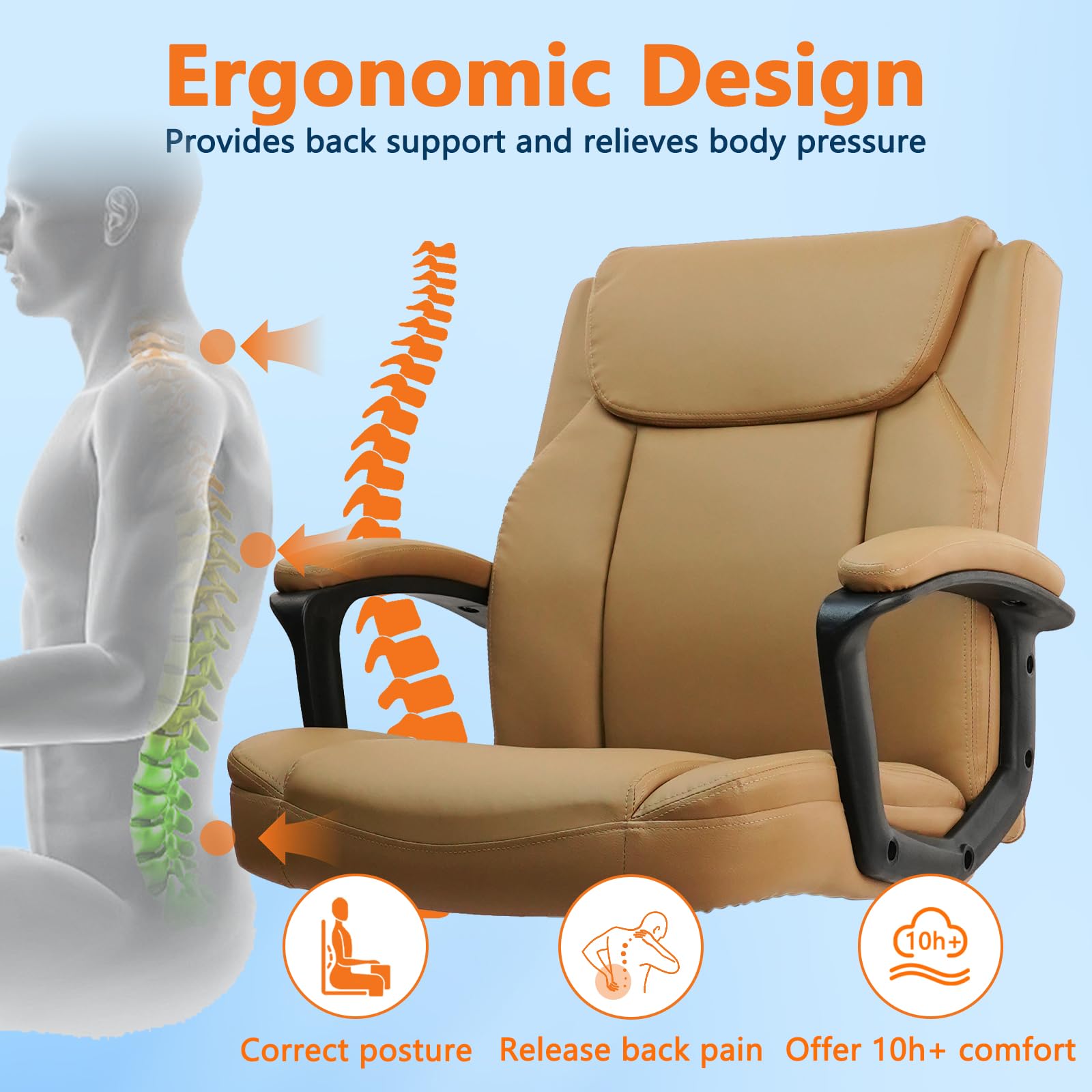 Clatina Brown Office Computer Chair Pu Leather Executive Office Chair Swivel Adjustable Height Chairs with Upholstery Fixed Armrest Mid-back