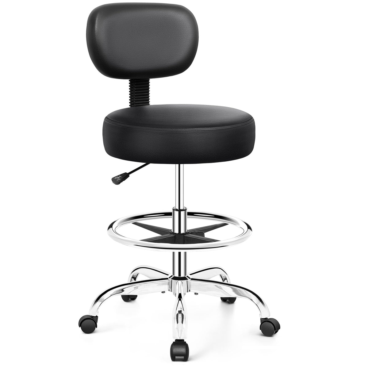 Brick Attic Drafting Chair with Backrest – Adjustable Foot Rest Rolling Stool with Wheels, Pu Leather Swivel Stool for Office Spa Studio Lab