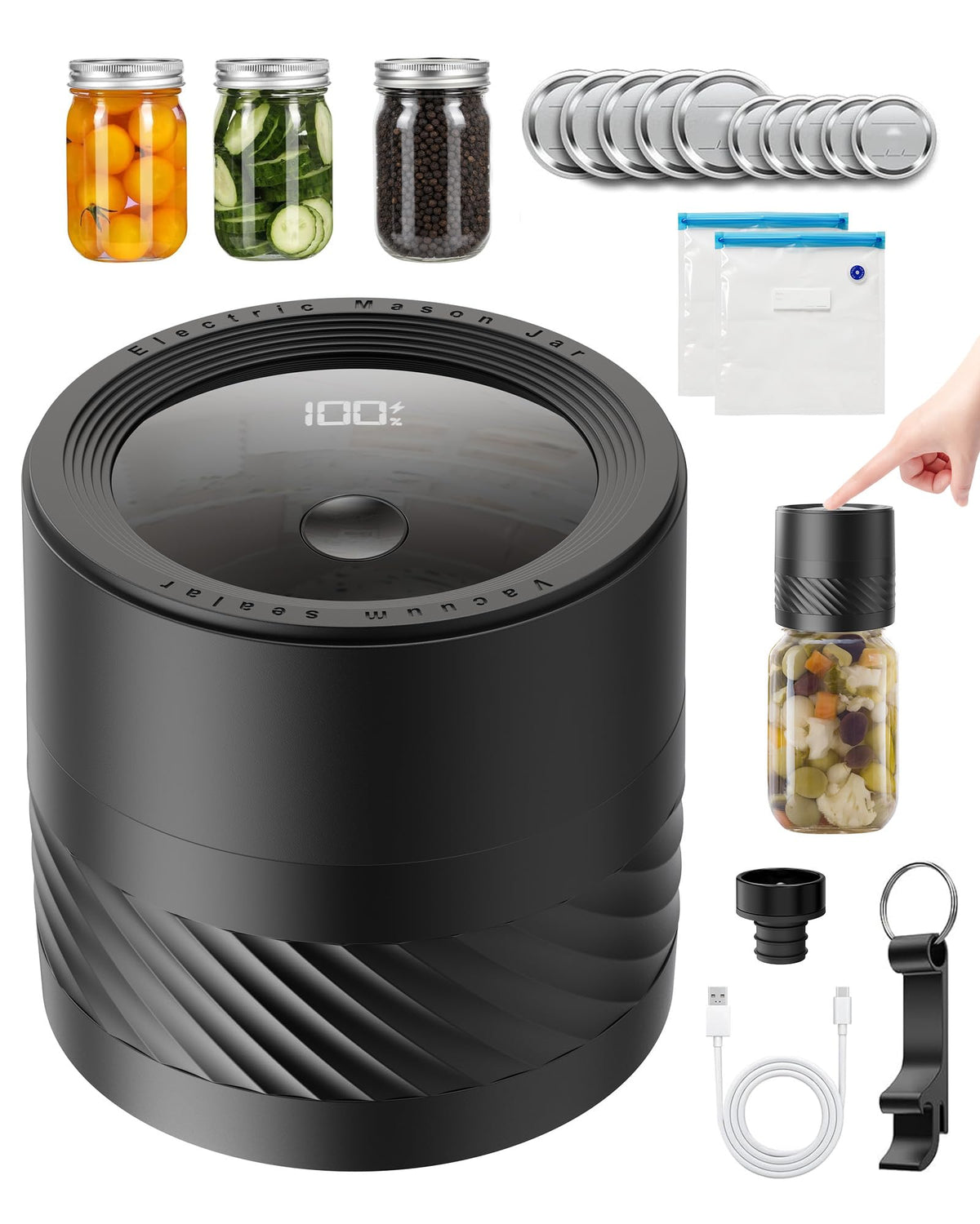 Electric Mason Jar Vacuum Sealer Kit with Auto-Stop, 1200mAh Cordless Jar Vacuum Sealer for Wide & Regular Mouth Mason Jars, Portable Automatic Vacuum Sealer with 10 Lids & 2 Vacuum Bags