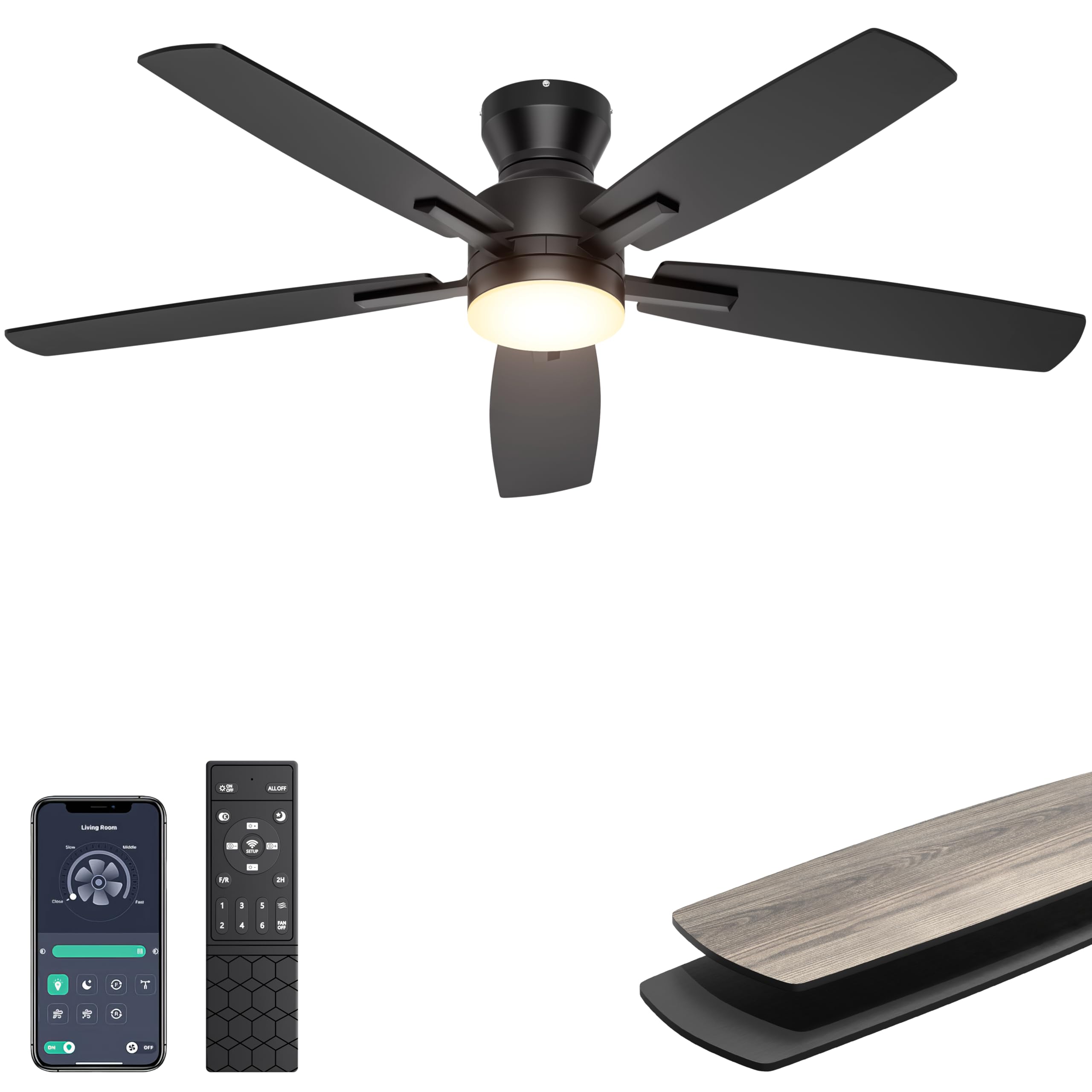 Ohniyou Ceiling Fans with Lights, 52'' Low Profile Ceiling Fan with Light and Remote/APP Control, Modern Flush Mount Ceiling Fan for Indoor Bedroom Living Room, Dimmable, Quiet DC Motor, Black