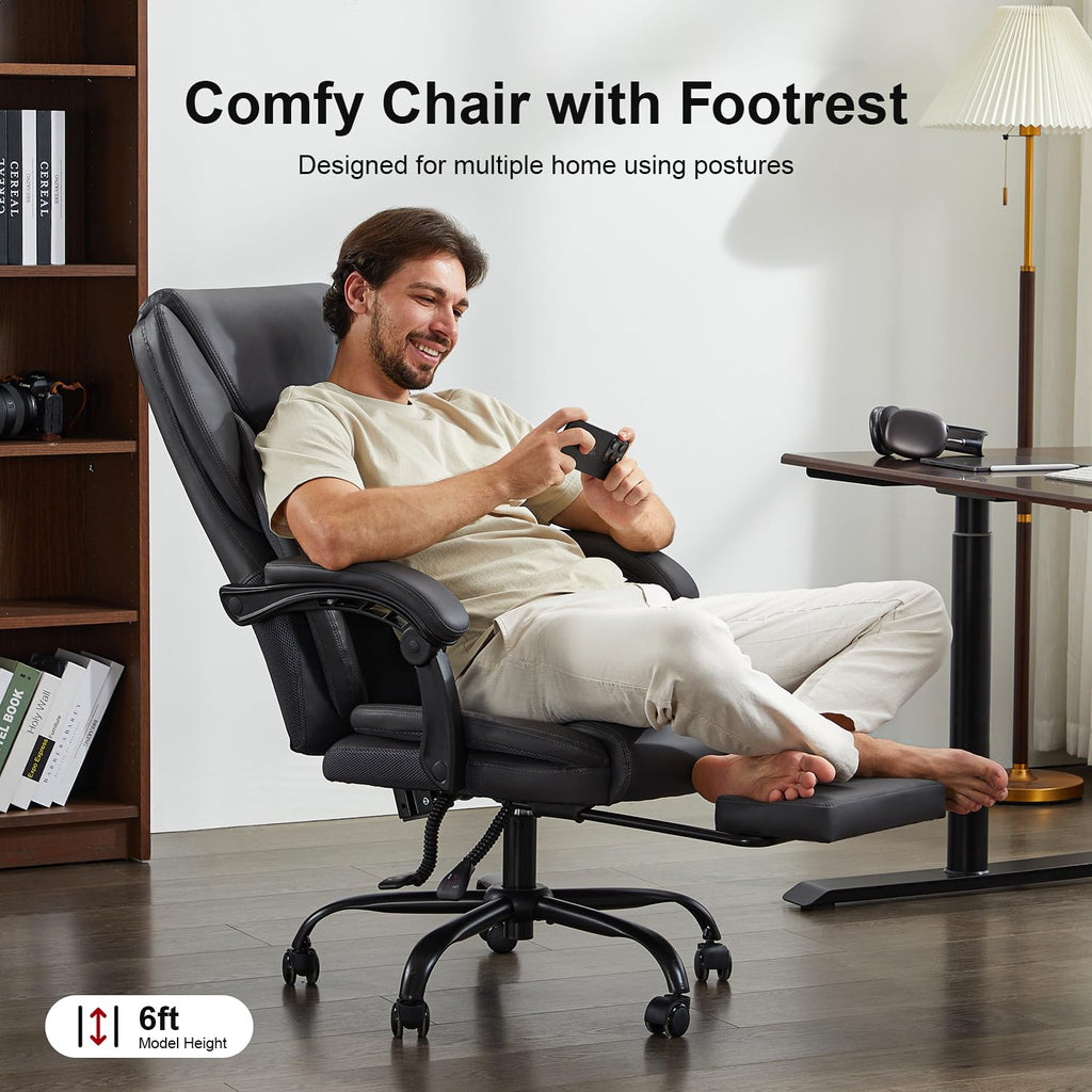 Amseatec Office Chair,big and Tall 400lbs with Footrest, Ergonomic with Adjustable Backrest, Reclining Computer Chair with Double Lumbar