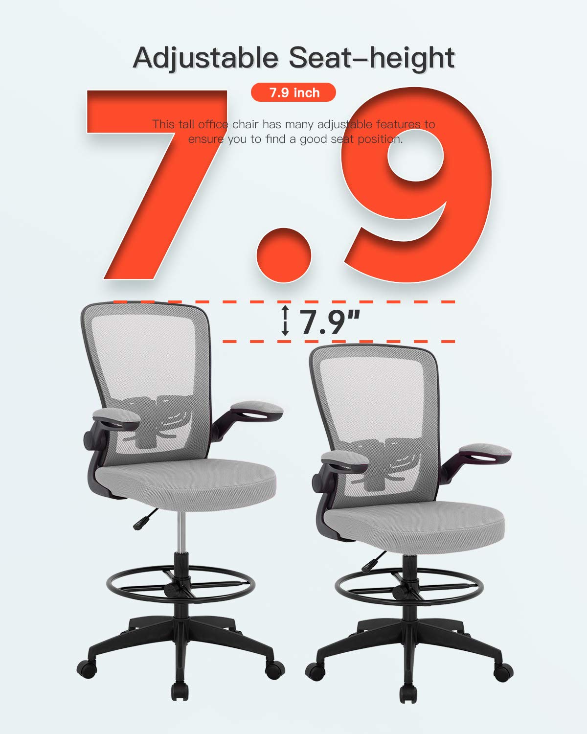 Bestoffice Drafting Chair Tall Office Chair Standing Desk Chair with Lumbar Support Height Adjustable Armrest Footrest Mid Back Swivel Rolling