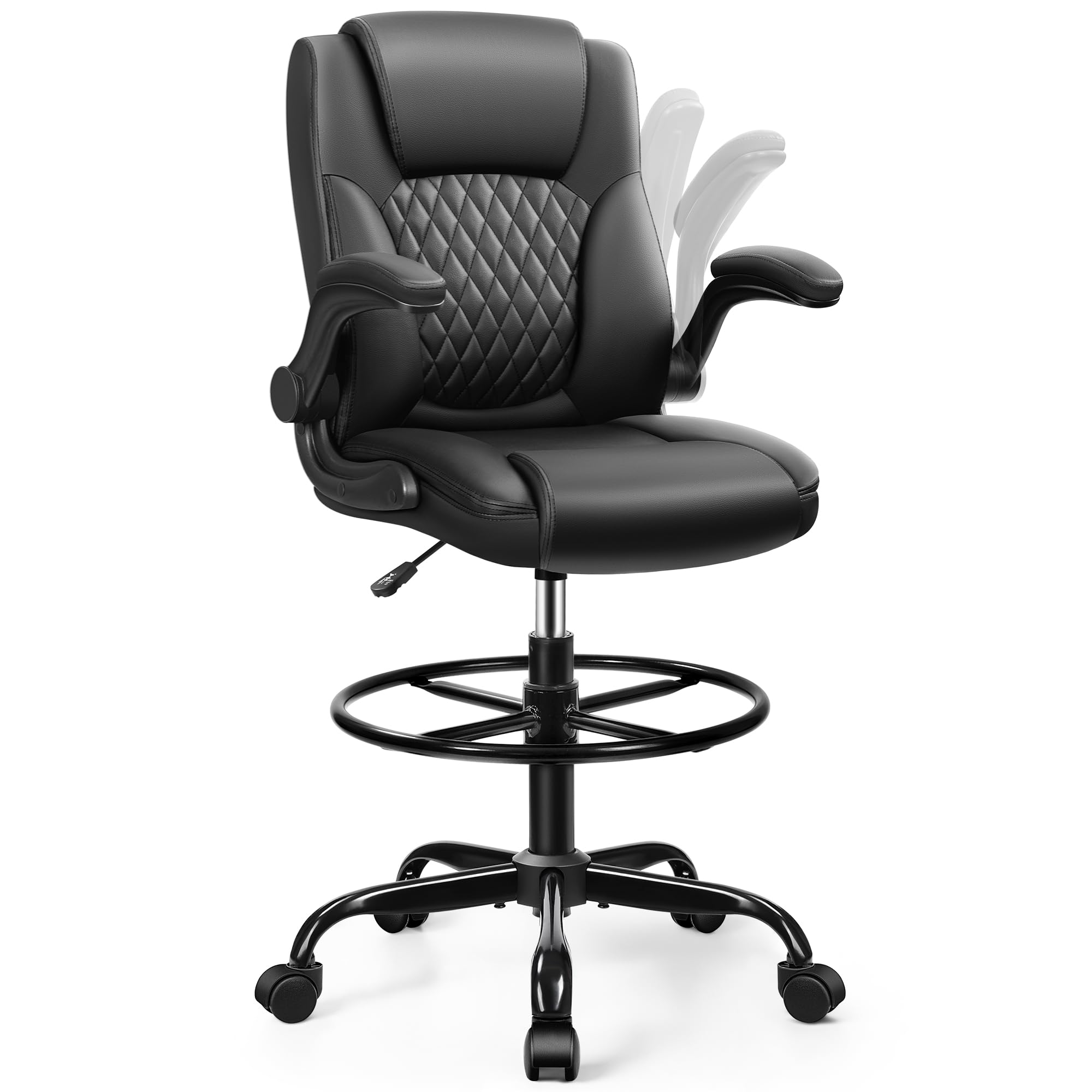 Drafting Chair, Tall Office Chair for Standing Desk, High Executive Leather Ergonomic Computer Chair with Adjustable Height and Flip-up Armrest