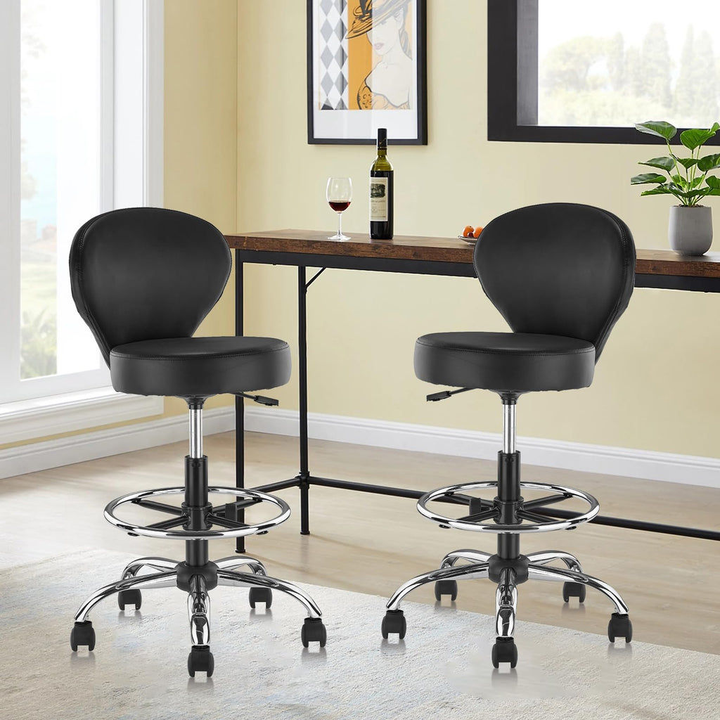 Klasika Black Pvc Faux Leather Drafting Chair Set of 4 Rolling Swivel Salon Stool with Back Support Foot Rest Adjustable Hydraulic Seat Height
