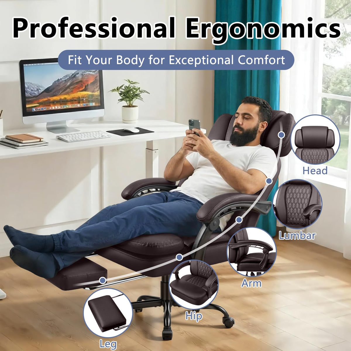 Vendorz Office Desk Chair with Foot-rest 400lbs, Heavy Duty Executive Office Chair, Comfy High Back Ergonomic Pu Leather Reclining Desk Chair
