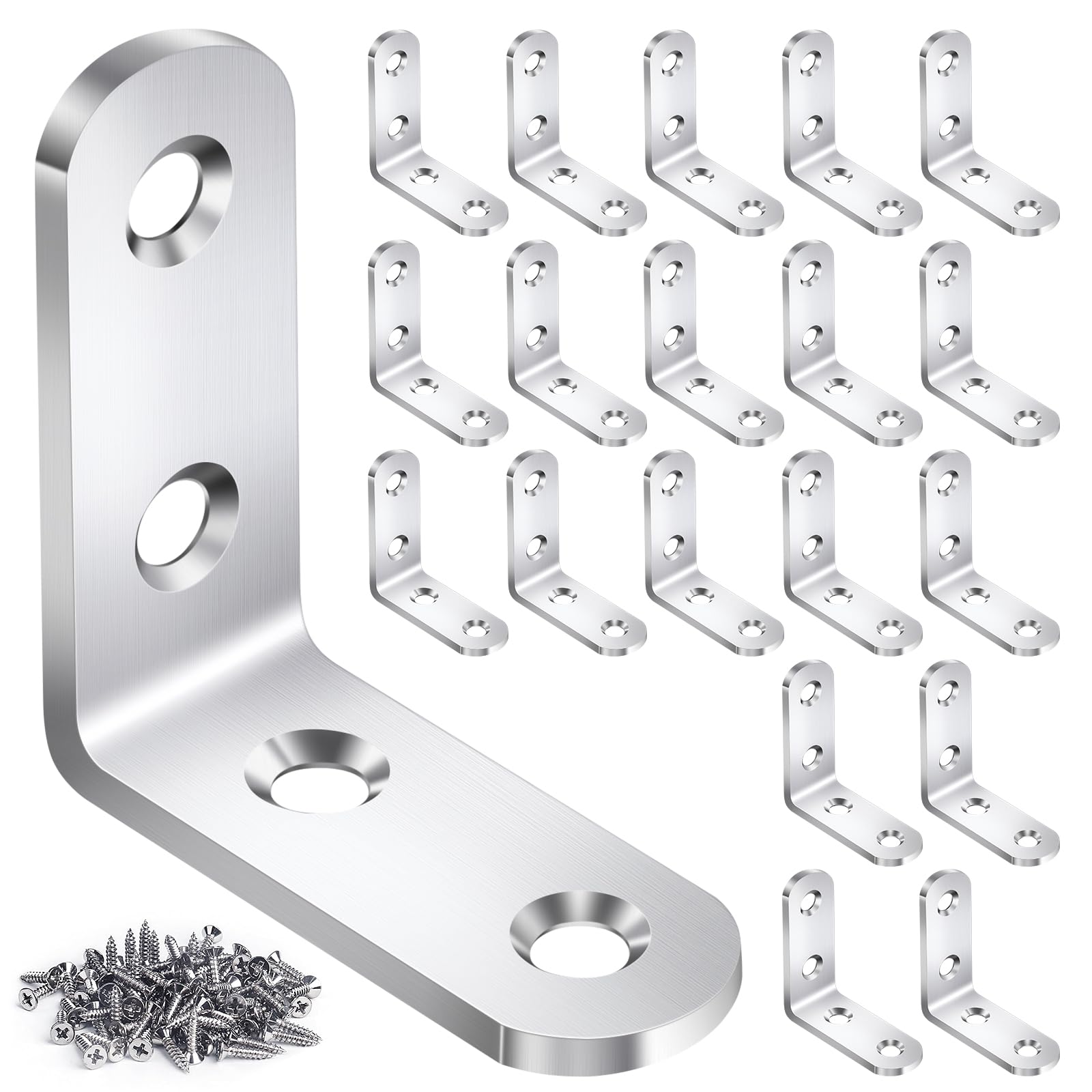 20PCS L Bracket Corner Brace Sets, Stainless Steel L Brackets for Wood Shelves, 90 Degree Right Angle Bracket with 80 Screws, Metal Corner Brackets for Furniture Cabinet Drawer Chair (1.57x1.57 in)