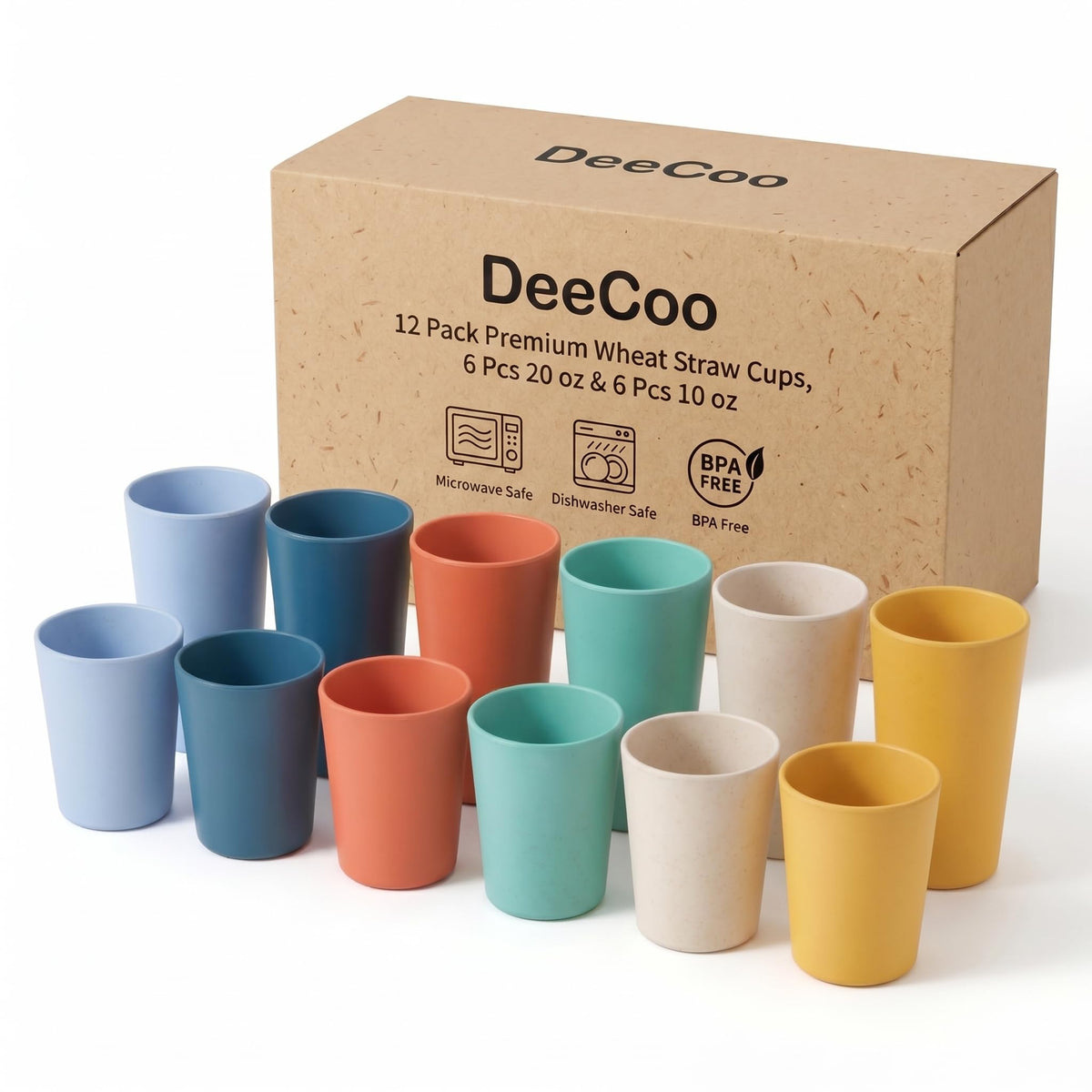 12 Pack Premium Wheat Straw Cups, 6 Pcs 20 oz & 6 Pcs 10 oz Unbreakable Drinking Cups, Alternative to Plastic Cups Sets, Reusable Water Glasses Tumbler, Microwave & Dishwasher Safe, Bpa Free, 6 Colors