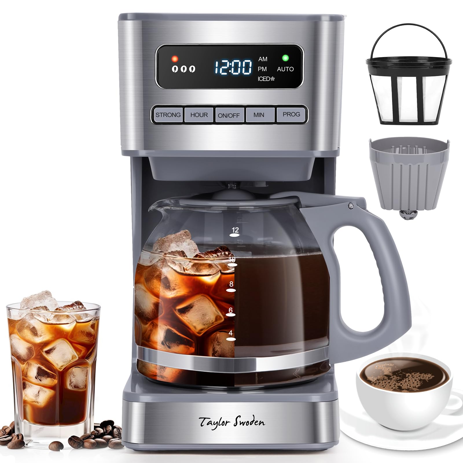 Taylor Swoden Programmable Coffee Makers 12 Cup, Hot and Iced Coffee Maker, 4 Brew Strength, LED Display, 24H Timer, Keep Warm&Auto Shutoff- Drip Coffee Machine for Home/Office, Gray & Stainless Steel