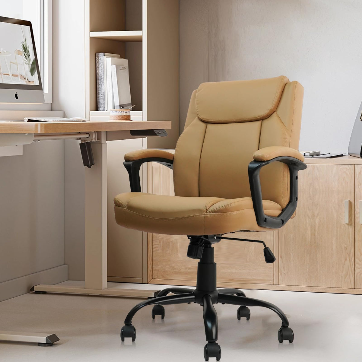 Clatina Brown Office Computer Chair Pu Leather Executive Swivel Adjustable Height Chairs with Upholstery Fixed Armrest Mid-back Leather Thick