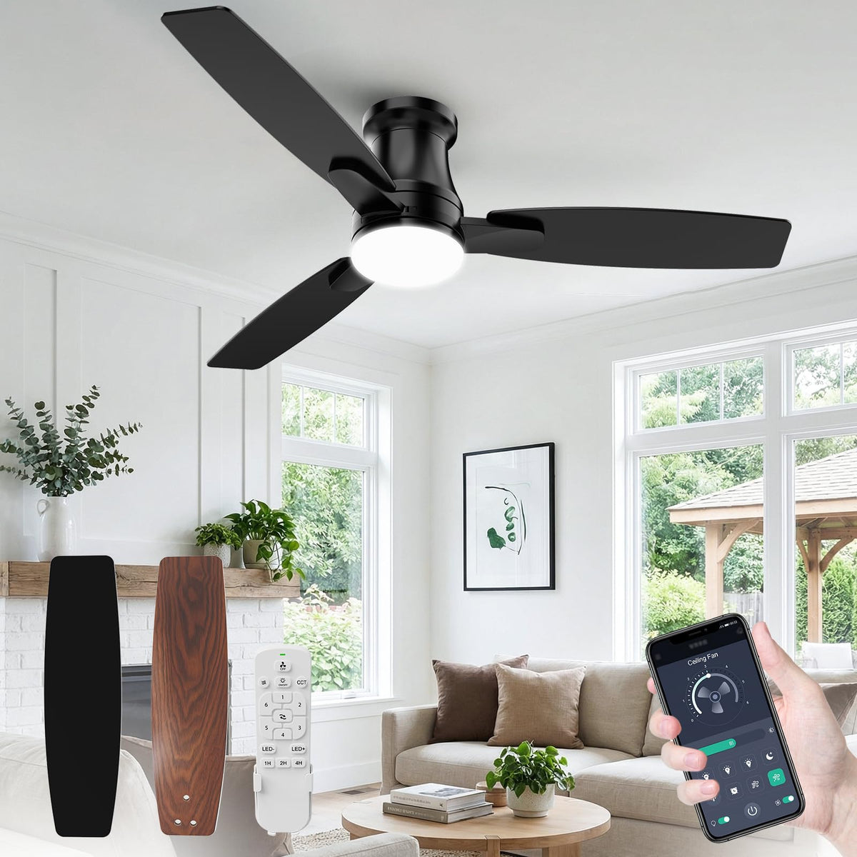 48 Inch Flush Mount Ceiling Fan with Light, Reversible Quiet DC Motor, Dimmable LED & 3CCT, 6 Speeds, Remote & APP Control, Black Modern for Bedroom Living Room