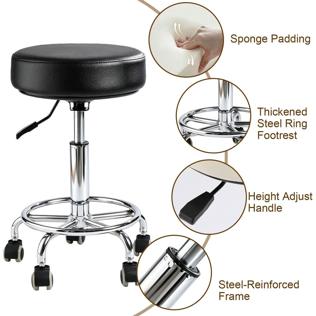 Limkomes 500lb Heavy-duty Adjustable Stool with Wheels, Round Rolling Chair, 22.44 in x 22.44 in x 10.23 in, Black