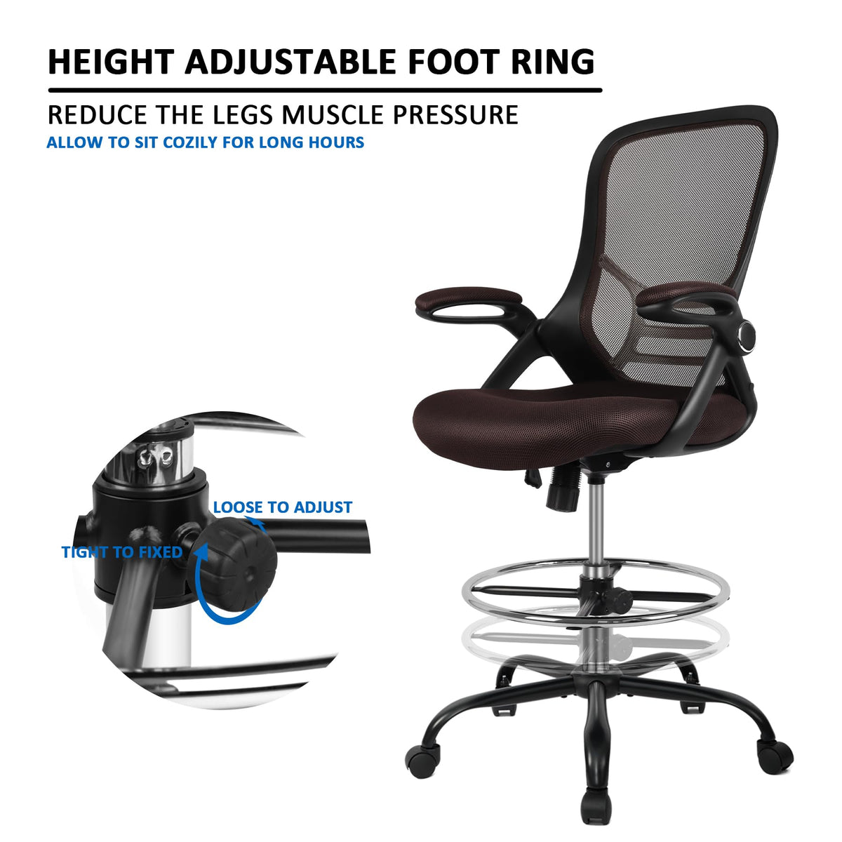 Hylone Drafting Chair, Tall Office Chair Standing Desk Chair Brown Mesh High-back Drafting Stool with Flip-up Arms, Adjustable Foot Ring, Brown