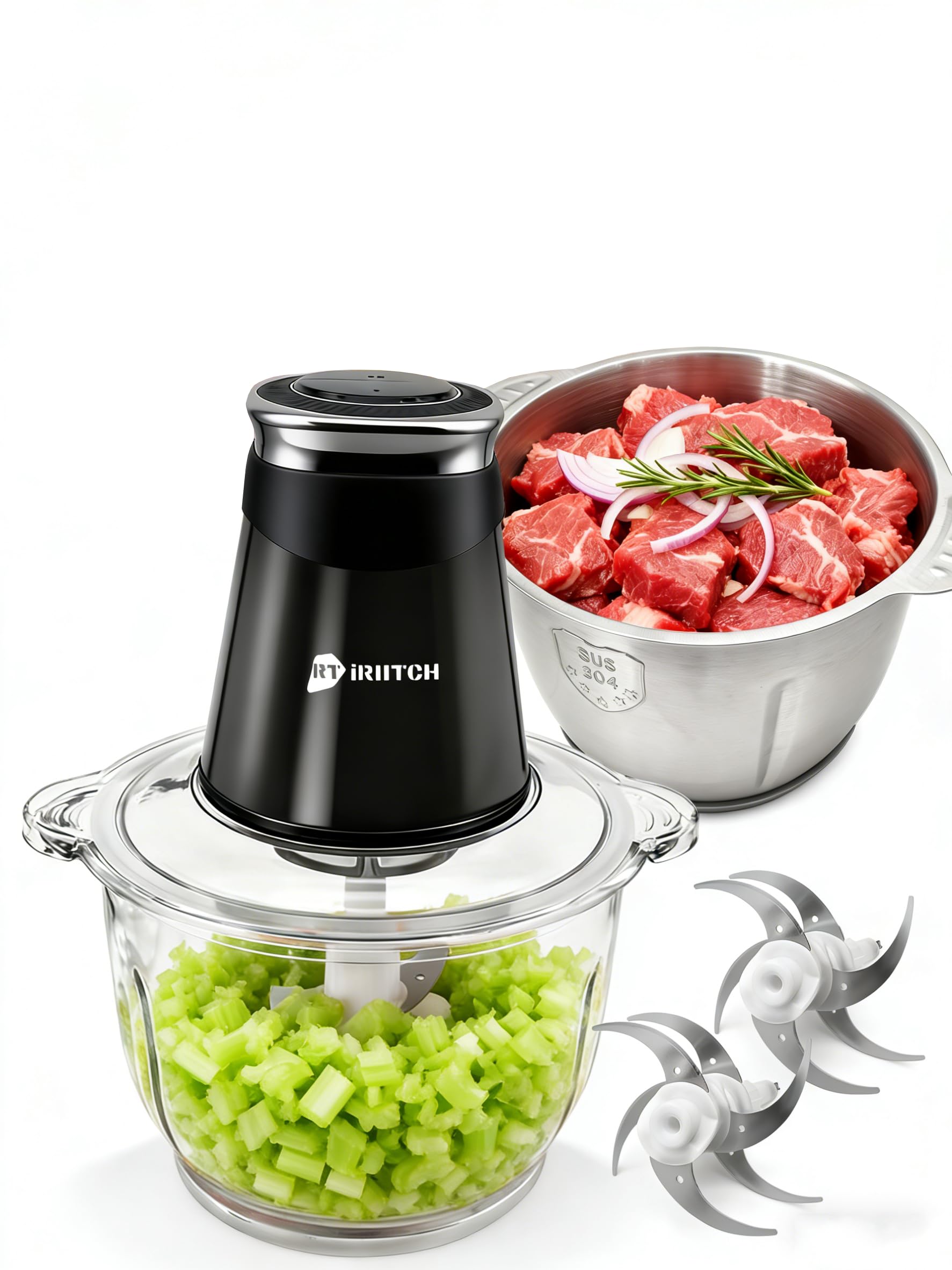 Food Processor, 500W Electric Food Chopper with 2 Bowls (10 Cup+5 Cup) & 2 Bi-Level Blades&, Small Meat Electric Grinder Processor for Meat, Vegetable, Onion, Garlic, Nuts, and Baby Food