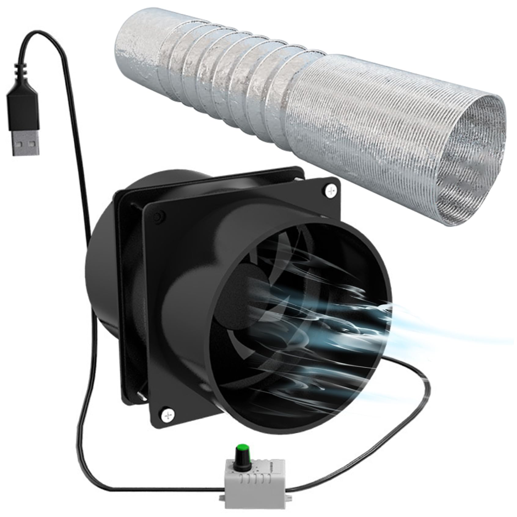 Portable Extractor Fan with 1m Duct Hose USB Adjustable DIY Ventilation Fan Powerful 5V 2A Brushless Motor Exhaust Fan for Kitchen Bathroom Smoke, Blower Fan