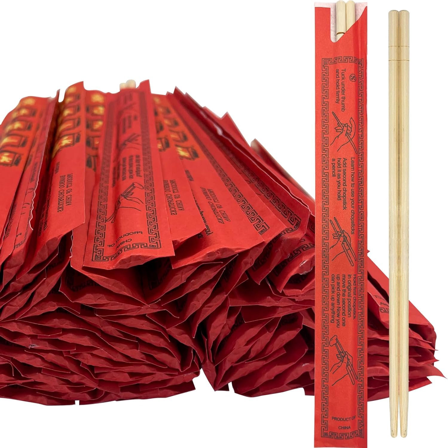 Soeos Chopsticks Disposable, 100 Pairs, Disposable Wooden Chopsticks with Red Packaging, 7.6" Individually Wrapped Bulk Bamboo Chopsticks for Japanese Sushi & Asian Dishes