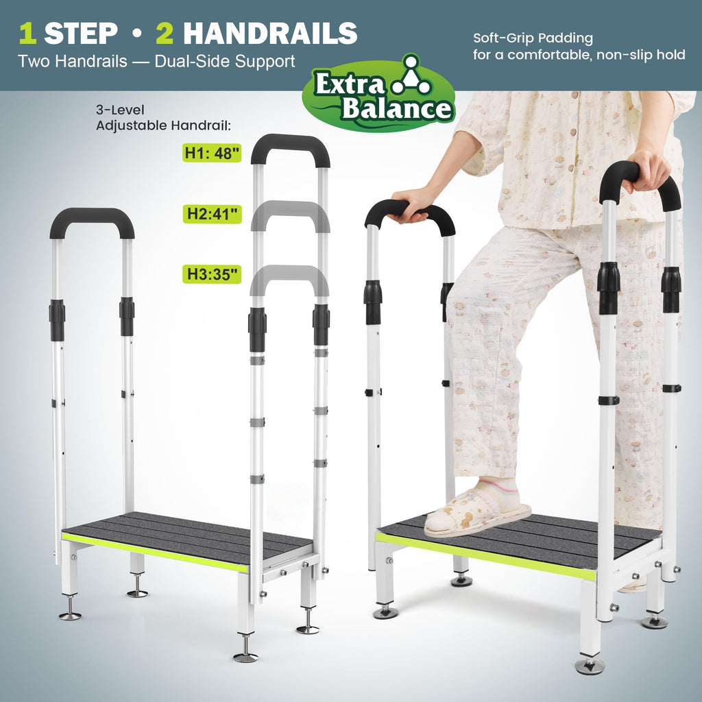 Depsunny Rv Step Stool with Handrails, 1 Step Stool for Elderly, 1 Step with 2 Handrails, White