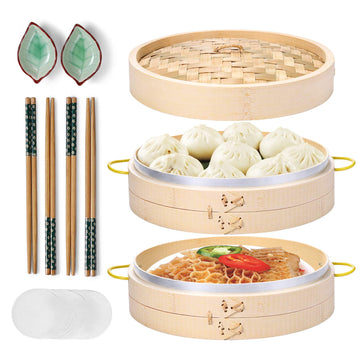 MacaRio 10 Inch Bamboo Steamer Basket Set Dumpling Steamer for Cooking