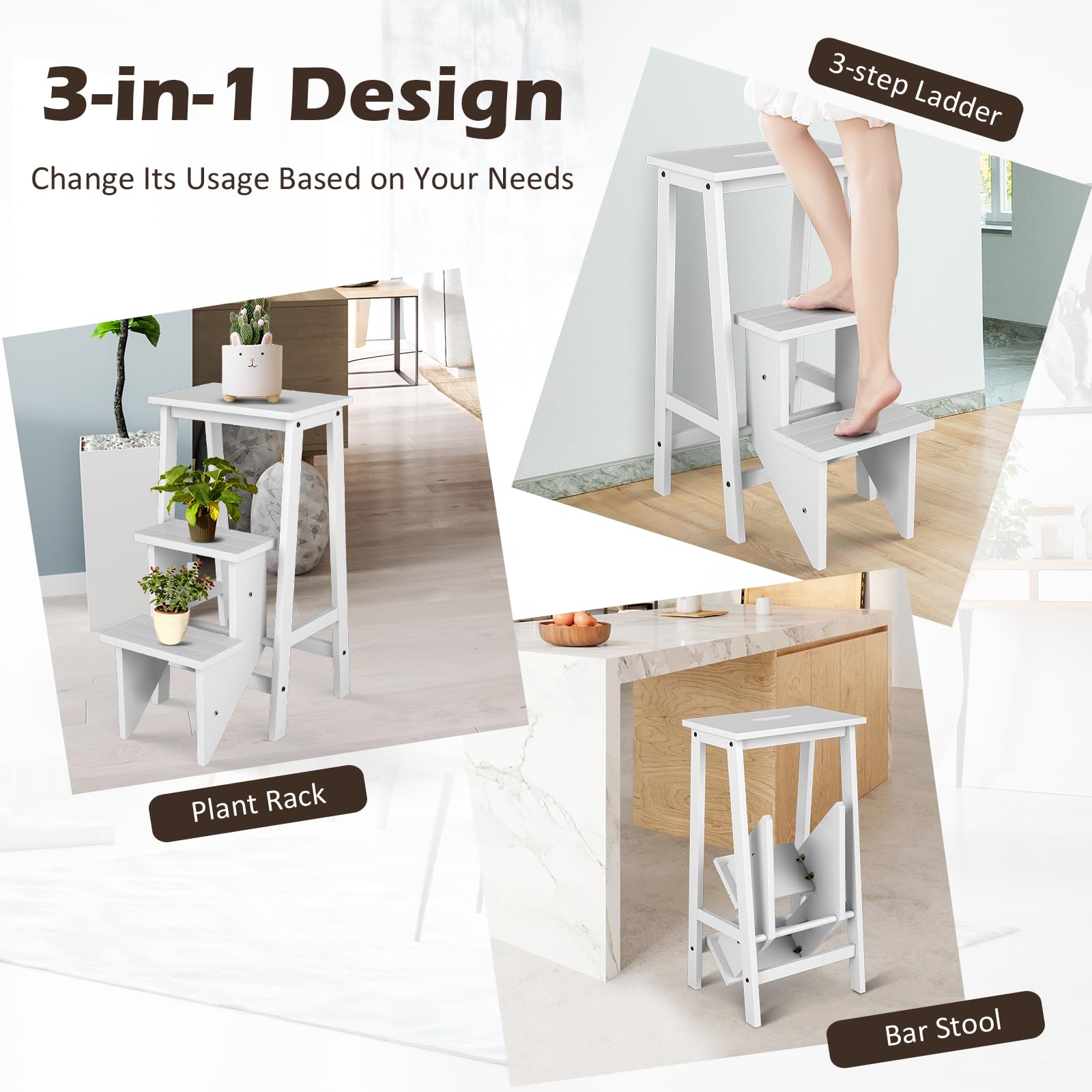 Costzon Folding 3 Step Stool, 3 in 1 Wooden Step Ladder with Handle, Non-slip Pedal, Multifunctional Storage Shelf, Flower Rack for Kitchen,