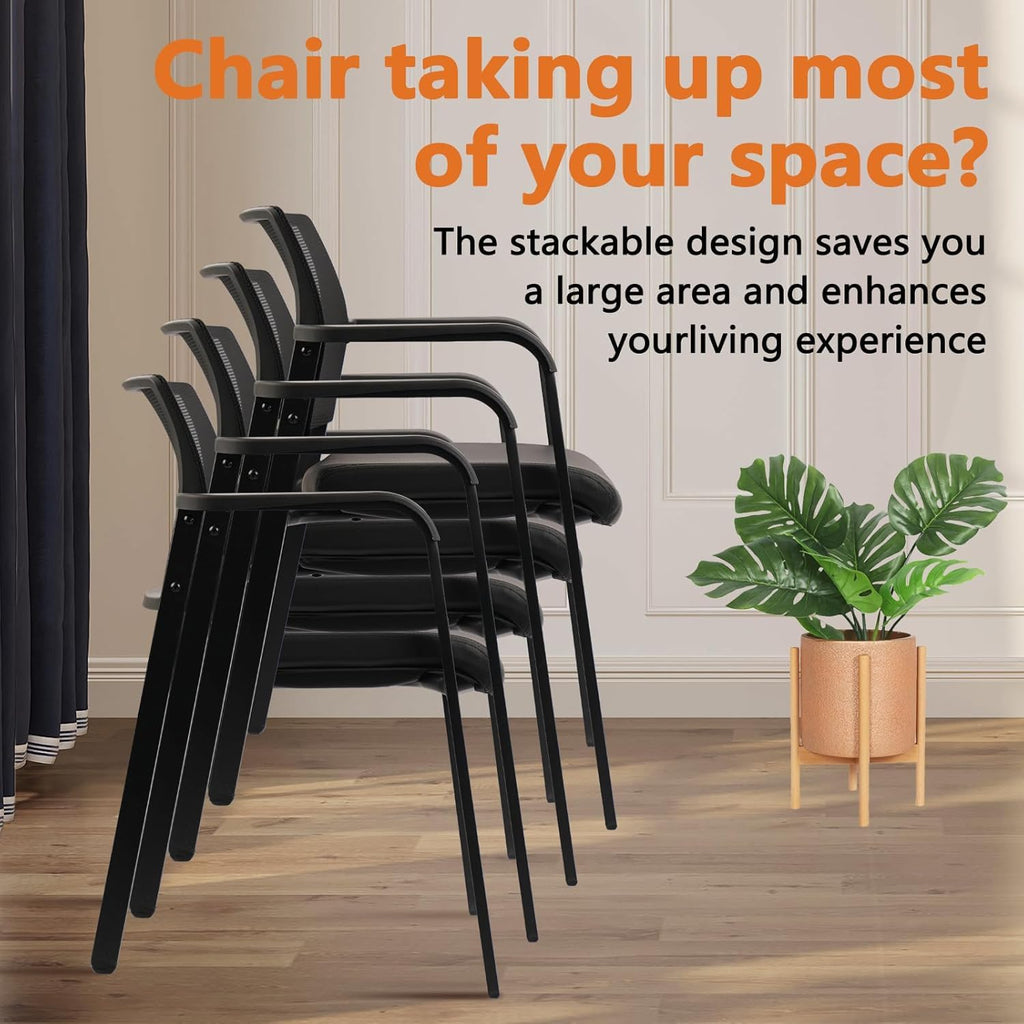 Clatina Stackable Office Chair, Mesh Back Guest Chairs with Comfortable Leather Seat Arms Stacking Ergonomic Desk Chair No Wheels for