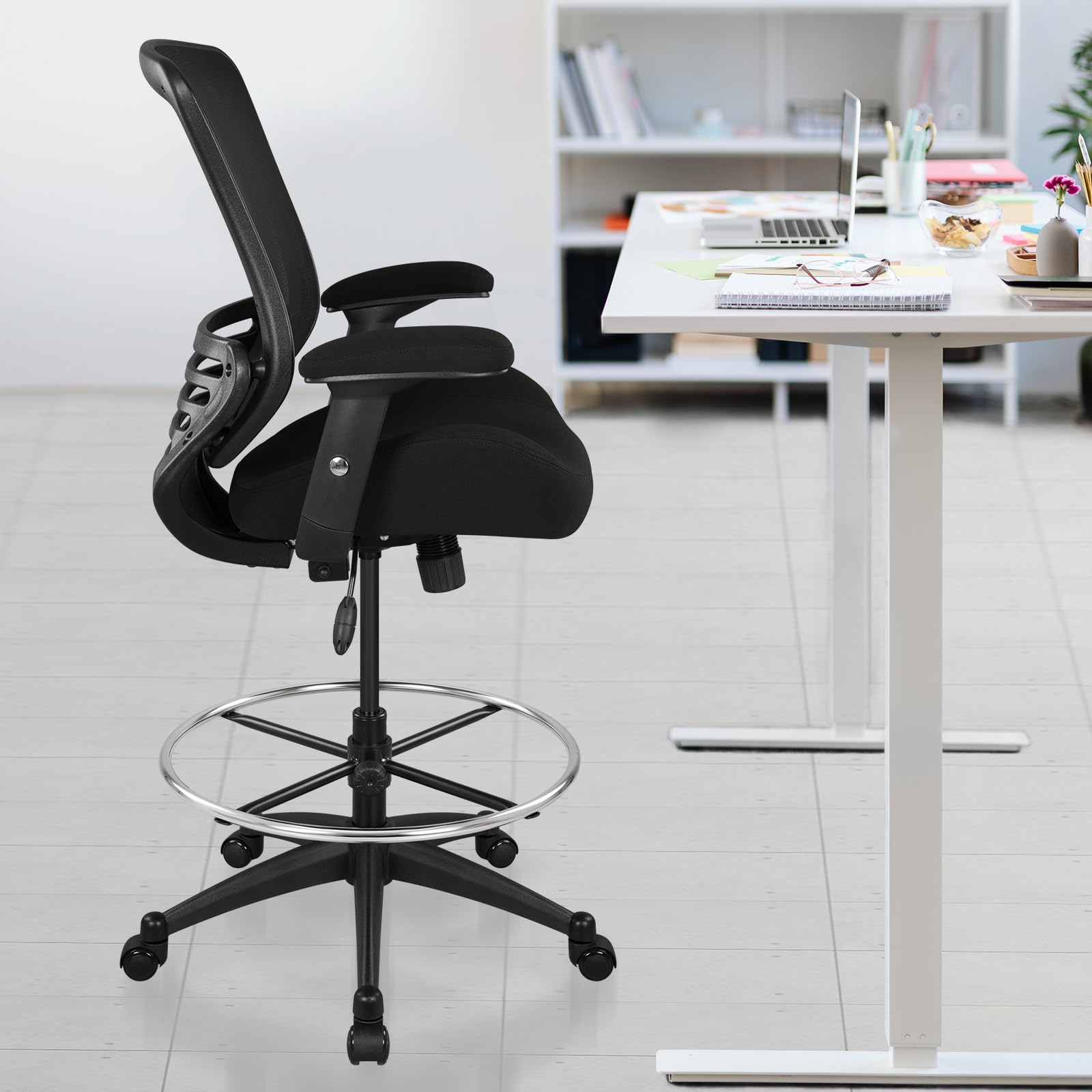 Boliss 400lbs Mesh Ergonomic Office Drafting Chair Big Adjustable Foot Ring Height Adjustable Armrest(black), Black Frame&black Fabric