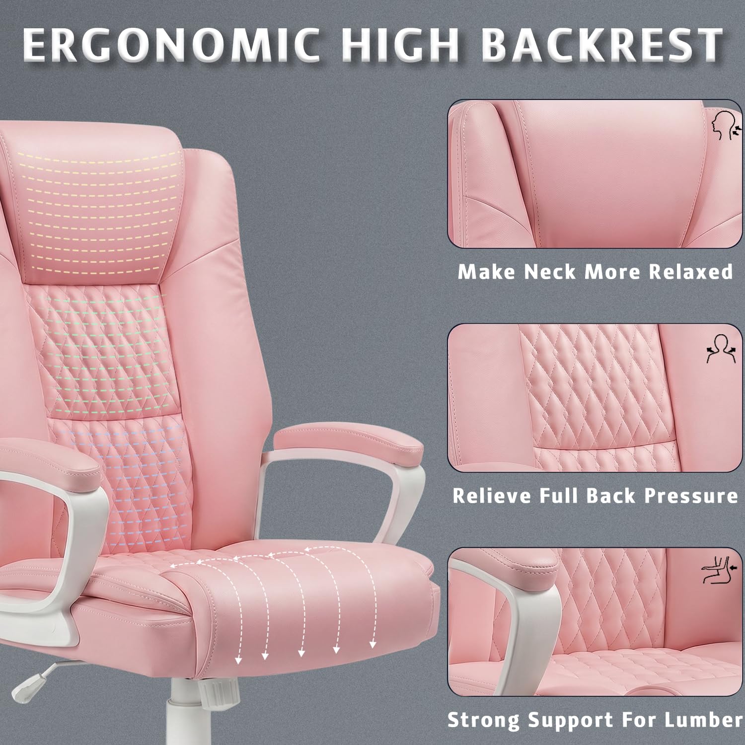 Lemberi Home Office Executive Desk Chair, High Back Pu Leather Chair, Height Adjustable Swivel Computer Chair with Padded Armrest, Pink