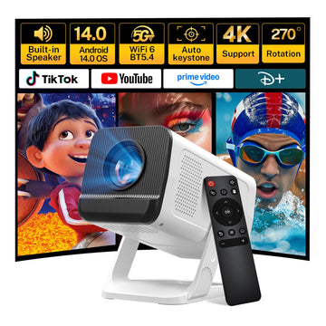 Mini Projector with WiFi 6 and Bluetooth 5.4 Built-in App for Bedroom Portable Projector Android 14 Smart Auto Keystone 1080P 4K Support Compatible with Netflix/iOS/HDMI/TV Stick/Phone Remote X1 White