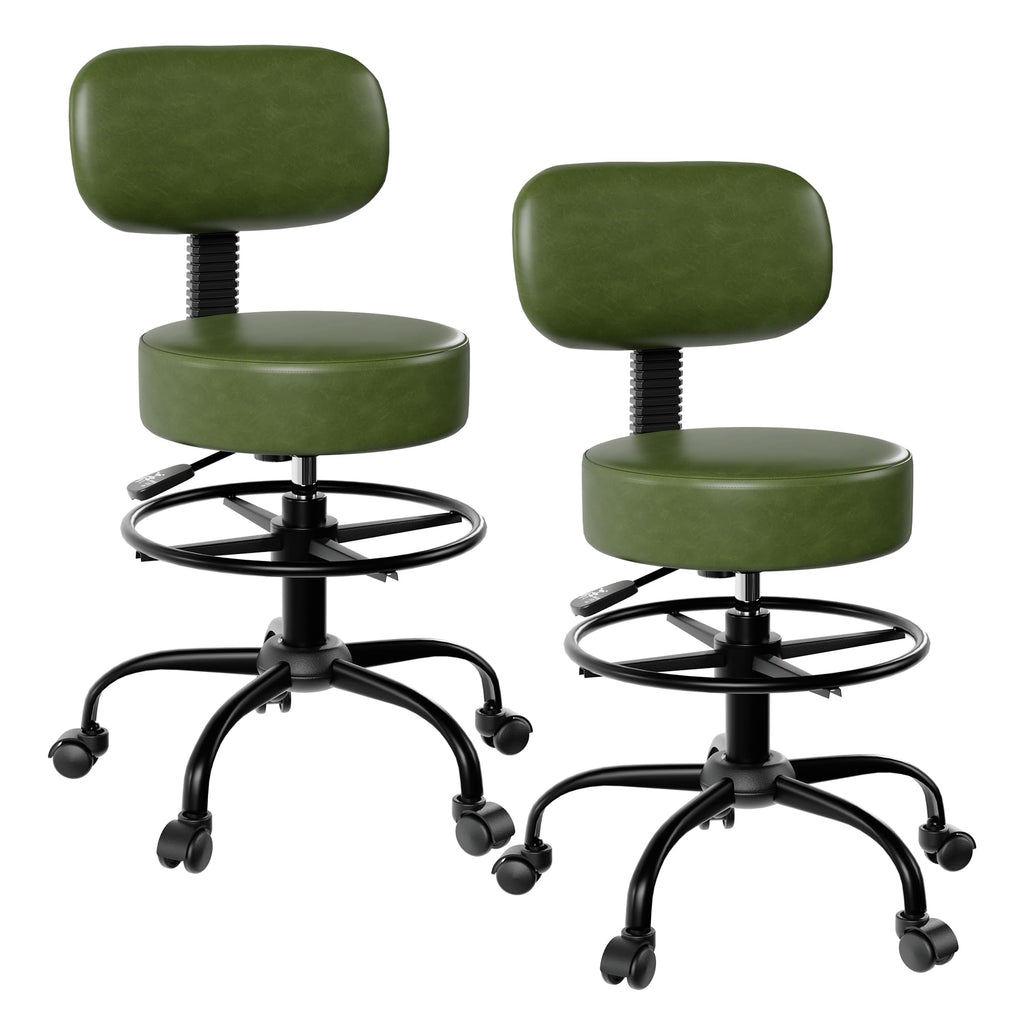 Anunweldo Drafting Chair with Back Support, Adjustable Foot Rest Rolling Stool, 360° Swivel Office Desk Chair with Wheels, Thick Seat Cushion
