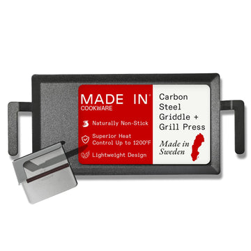 Made In Cookware - Carbon Steel Griddle + Grill Press - Professional Cookware - Crafted in Sweden - Induction Compatible