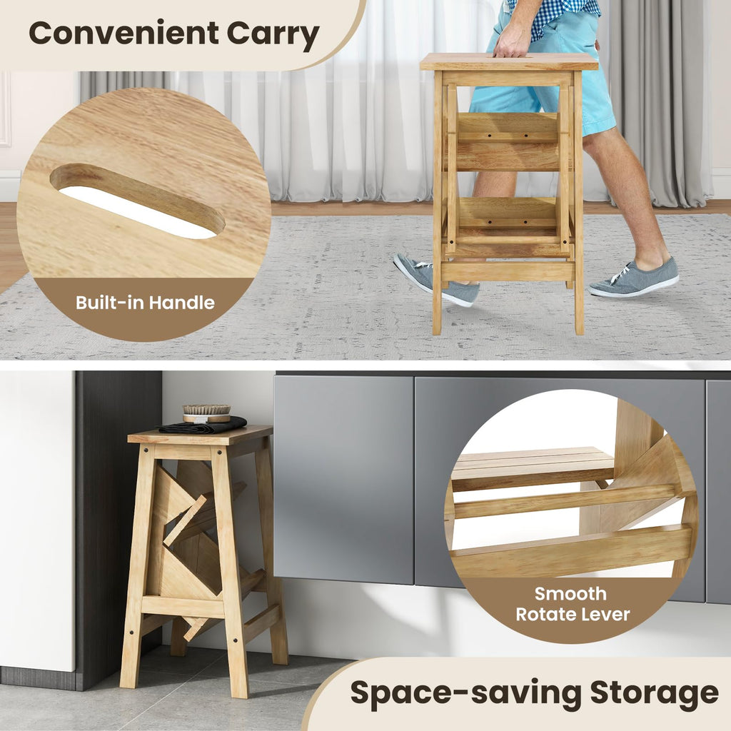 Costzon Folding 3 Step Stool, 3 in 1 Wooden Step Ladder with Handle, Non-slip Pedal, Multifunctional Storage Shelf, Flower Rack for Kitchen,