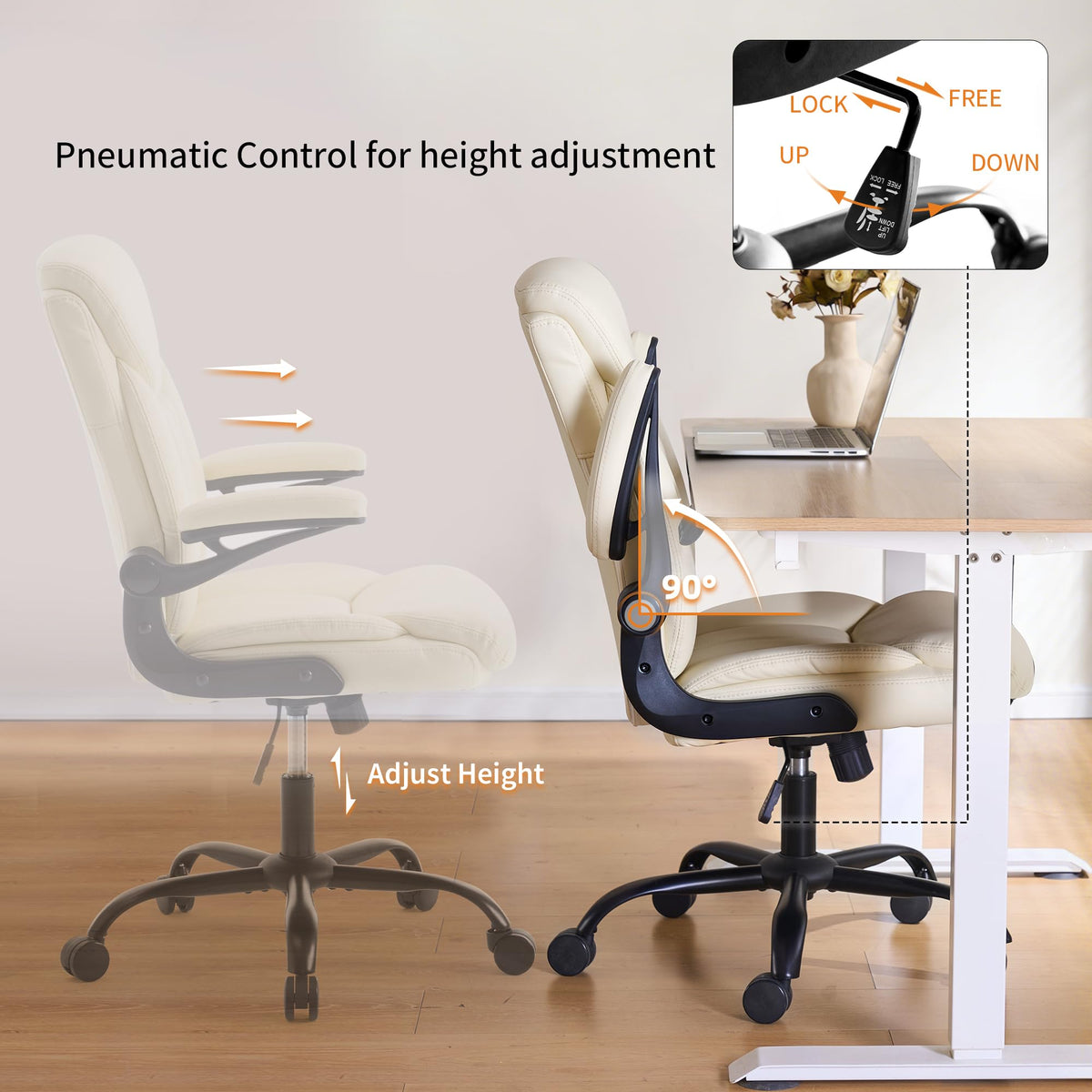 Fmolat Ergonomic Home Office Chair Pu Leather Comfy Computer Chair, Beige, 19.7"W x 19.5"D x 39"-42"H