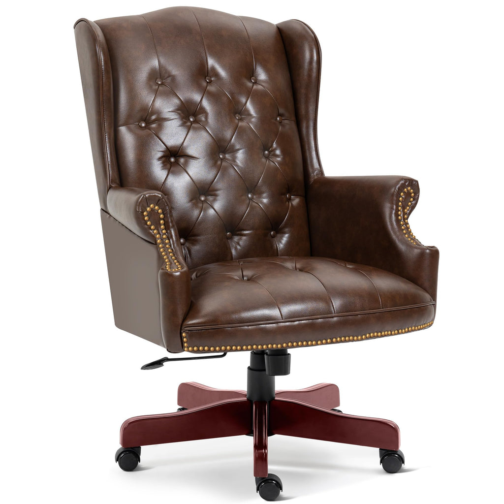Big and Tall Executive Office Chair, Ergonomic 360° Swivel Recliner Chair, Retro Brown Faux Leather Home Office Desk Chairs W/button Tufted