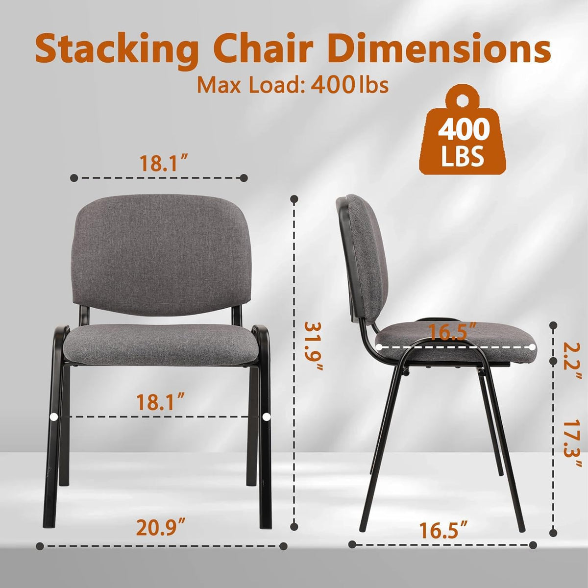 Clatina Stackable Waiting Room Chairs, Cloth Fabric Guest Reception Chair with Upholstered Thickene Seat and Back Support, Stacking Chair Metal