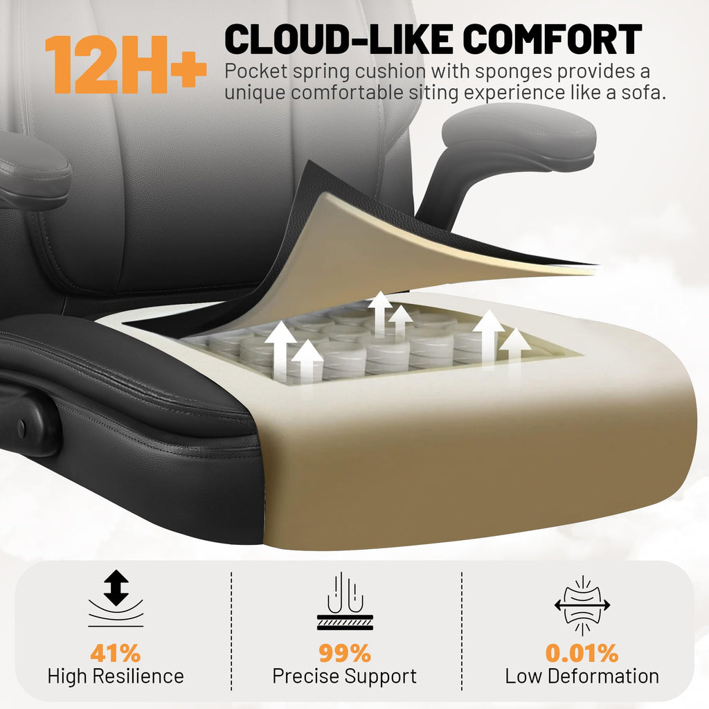 Bestglory Ergonomic Office Chair, Pu Leather Executive Desk Chair with Adjustable Headrest, Flip-up Arms and Lumbar Support, High Back Computer