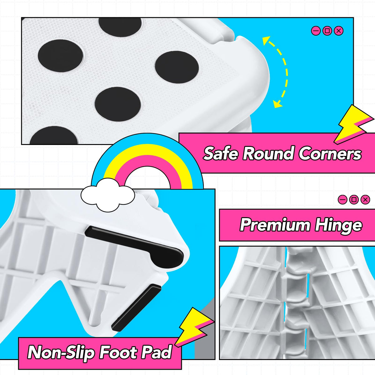 Delxo 8.8” Folding Step Stool in White,1 Pack Premium Heavy Duty Foldable Stool for Kids,portable Collapsible Plastic Step Stool,non Slip