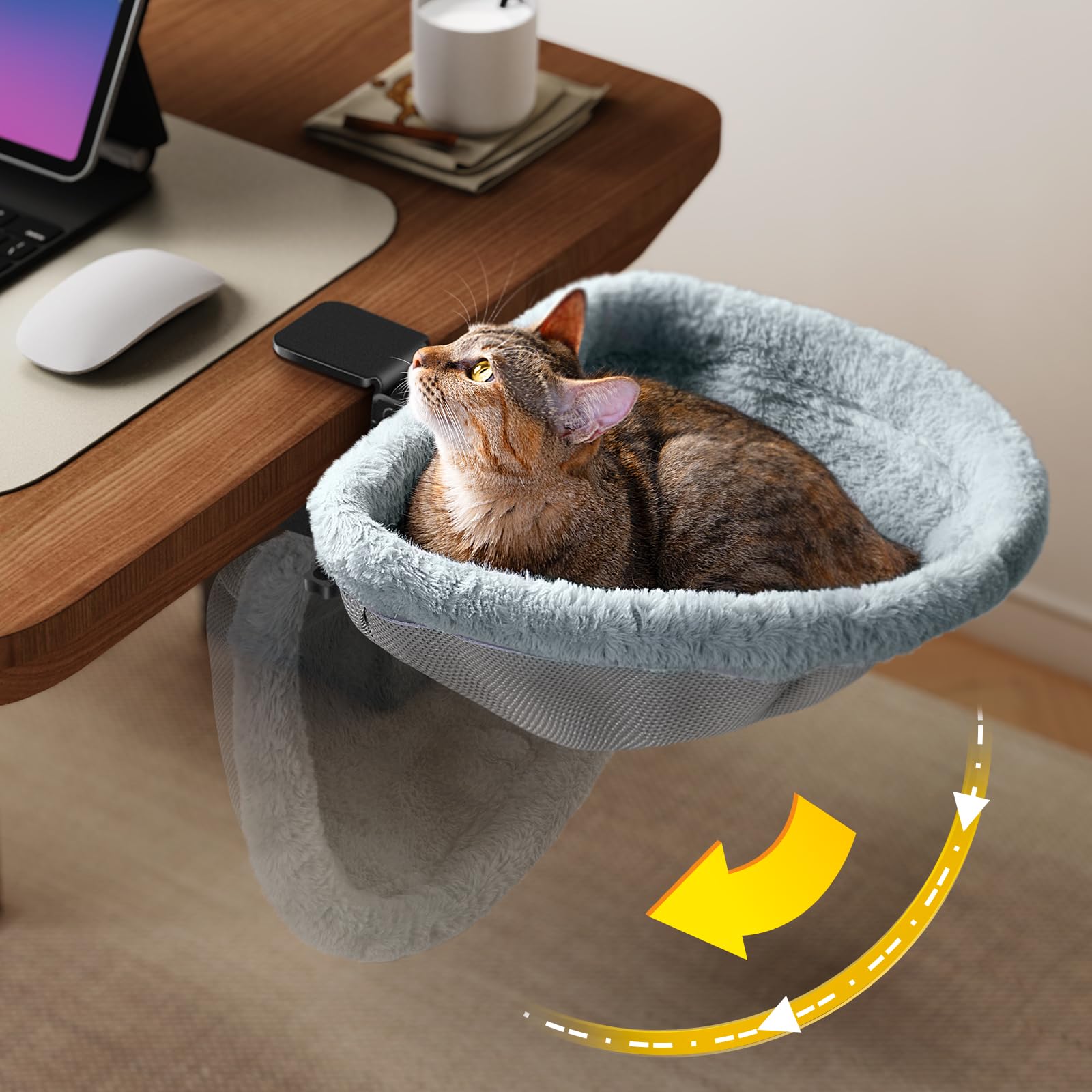 JUNSPOW Cat Desk Bed - One-Click Folding,Sunken Design & Space-Saving Semi-Circular Cat Bed, Soft Faux Rabbit Fur Material, Suitable for Various Desktops-Maximum Hold Up to 40lb