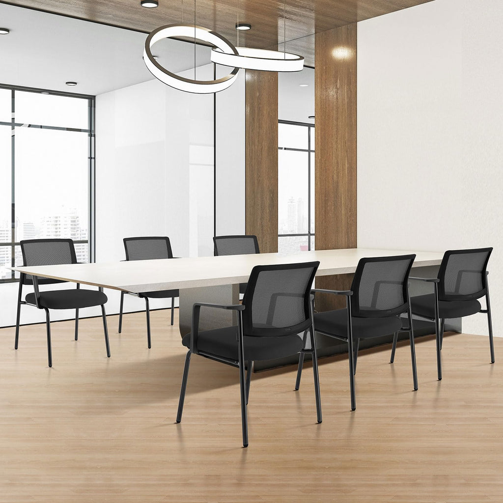 Mesh Back Stacking Arm Chairs, Office Reception Guest Chair with Upholstered Fabric Seat and Ergonomic Lumber Support, Sturdy Metal Office