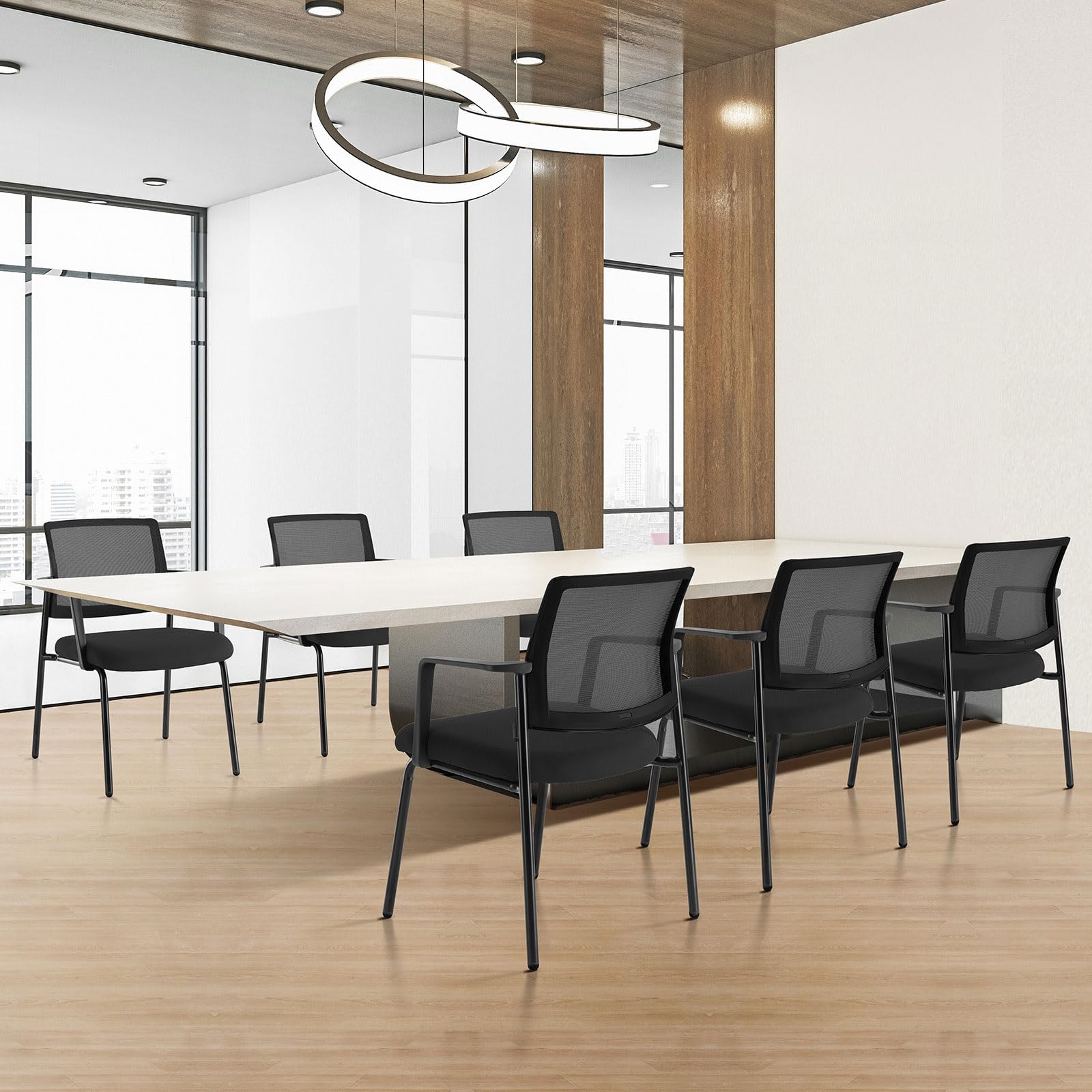 Mesh Back Stacking Arm Chairs, Office Reception Guest Chair with Upholstered Fabric Seat and Ergonomic Lumber Support, Sturdy Metal Office