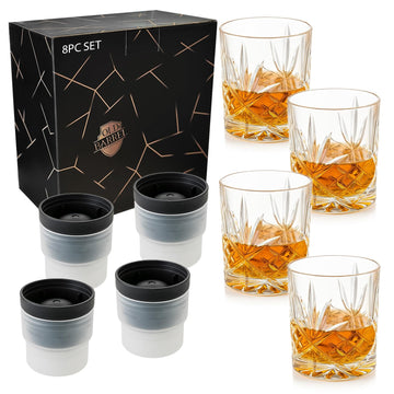 OLD BARREL Whiskey Glasses Set of 4 Glasses 4 Ice Molds, 10oz Bourbon Gift
