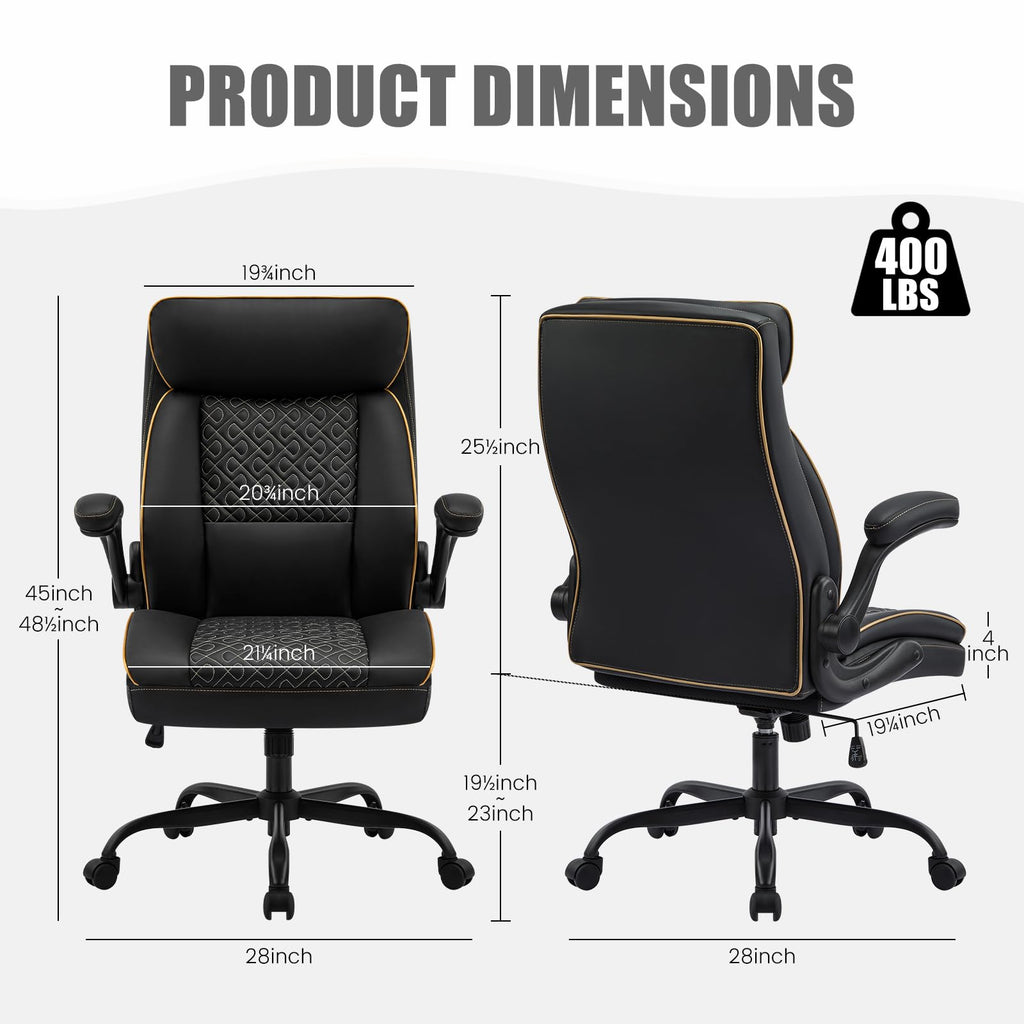 Furnistyle Leather Executive Office Chair, Computer Desk Chair with Lumbar Support, Comfortable Home Office Chairs 400lbs with Padded Flip-up