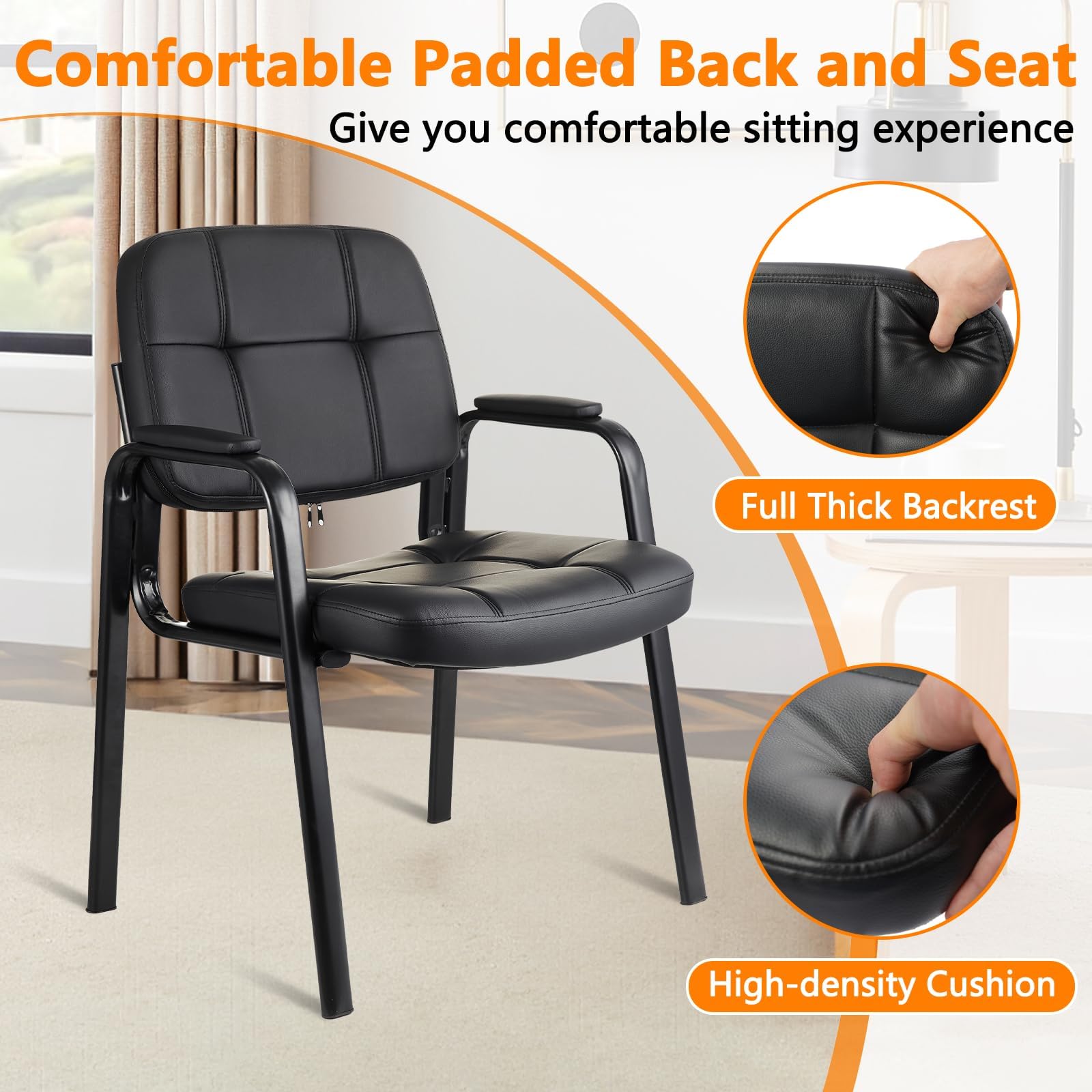 Clatina Leather Office Guest Waiting Room Chair Sets of 2, Reception Chair No Wheels with Armrests and Lumber Support, Stationary Desk Armchair