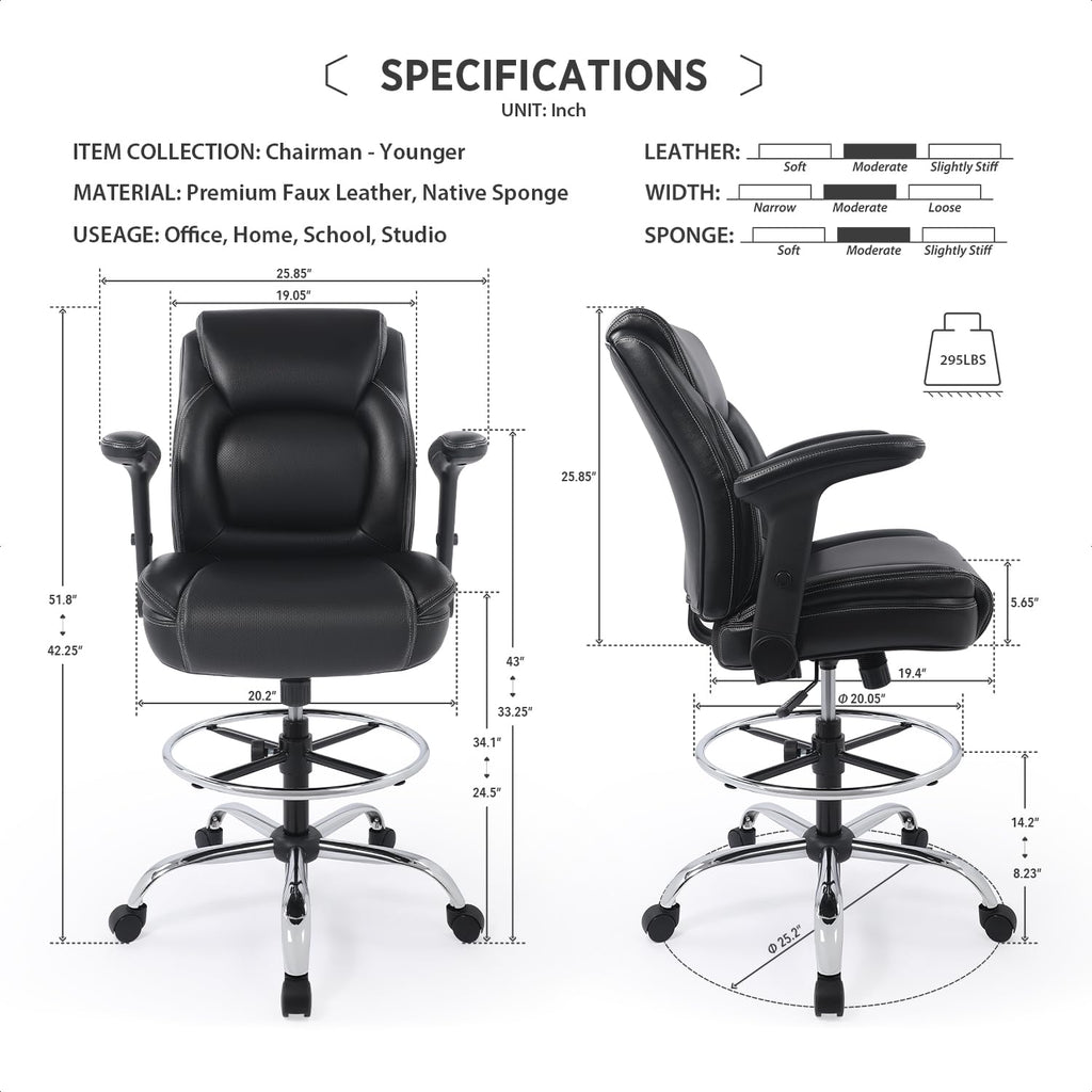 Ergonomic Mid-back Premium Faux Leather Adjustable Drafting Chair with Multi-function Arms and Foot Ring, Standing-desk Matched Tall Swivel