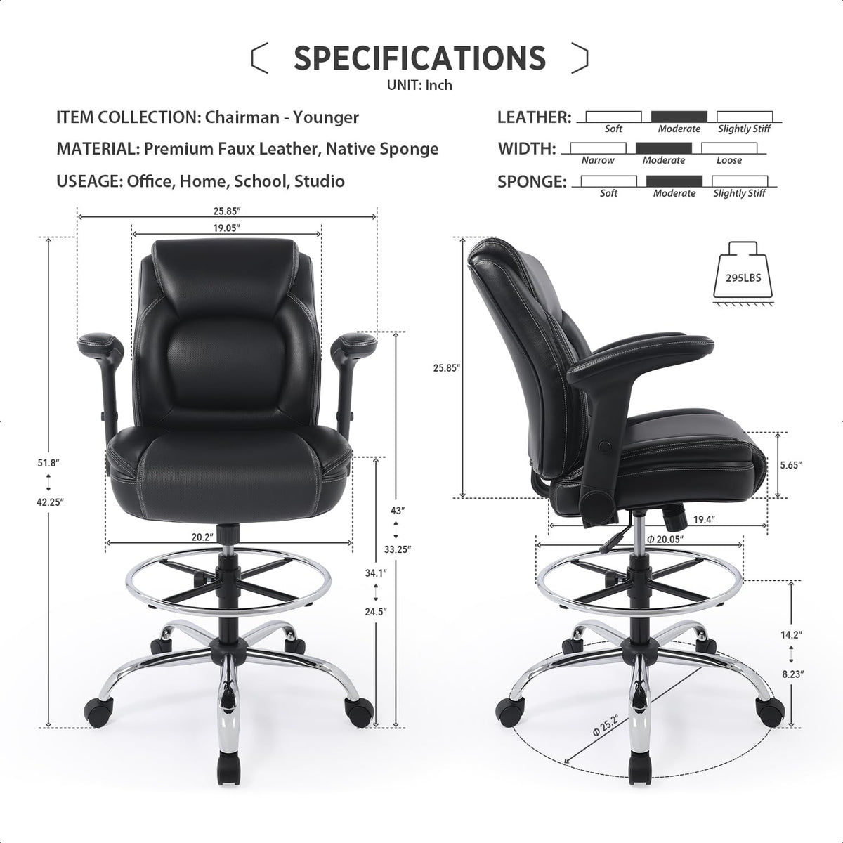 Ergonomic Mid-back Premium Faux Leather Adjustable Drafting Chair with Multi-function Arms and Foot Ring, Standing-desk Matched Tall Swivel