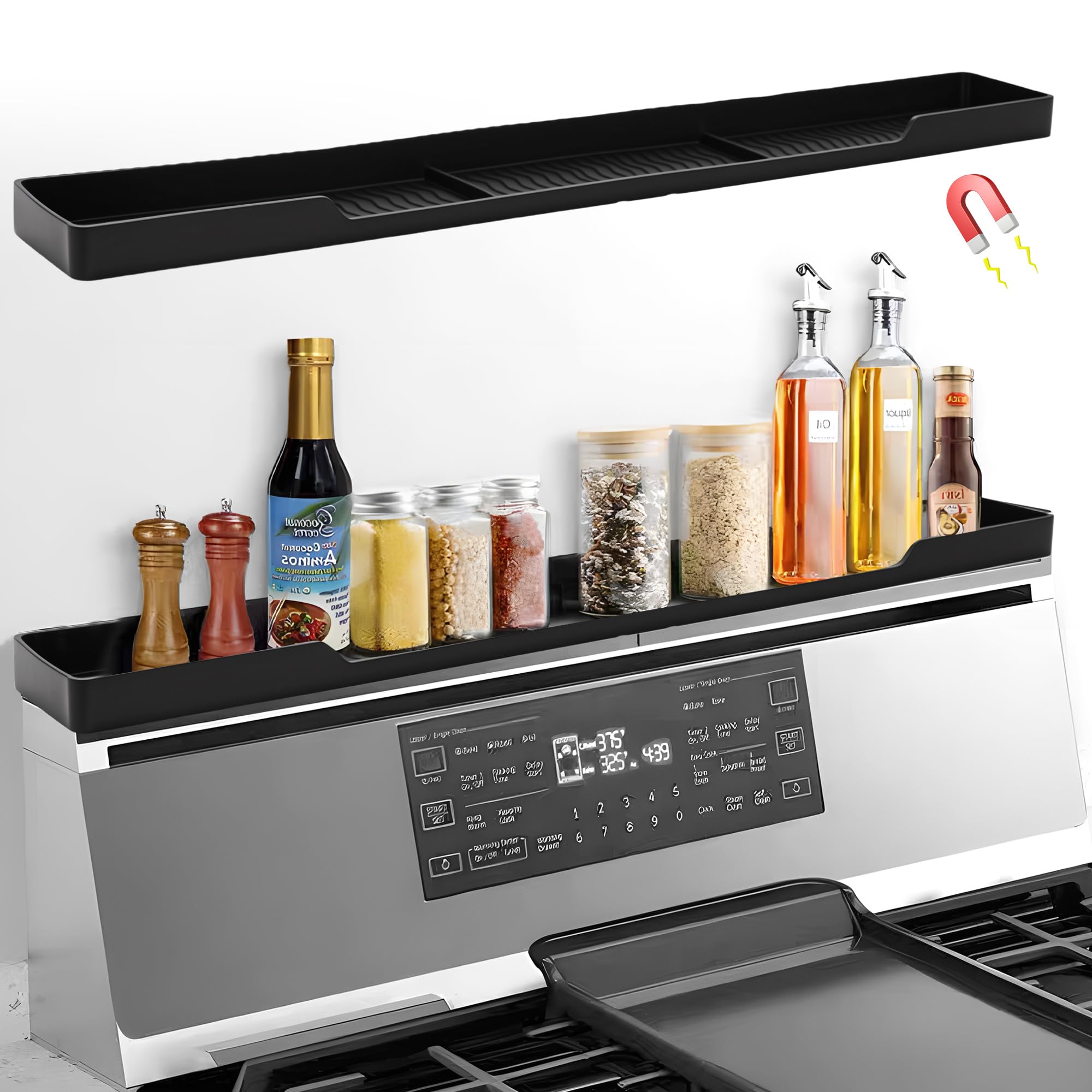 30 Inch Magnetic Stove Top Shelf | 3-Zone Kitchen Organizer with Anti-Slip & Anti-Fall Design | Heat Resistant (-40°F to 446°F) Food-Grade Silicone Spice Rack for Flat-Top Stoves, Black
