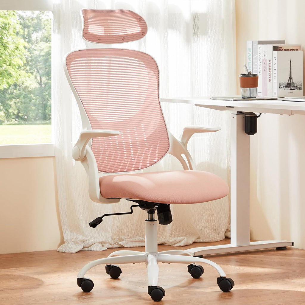 Sweetcrispy Home Office Chair, High Back Office Chair, Lumbar Support, Pink, 20.08"D&High Back&Flip-up Arm