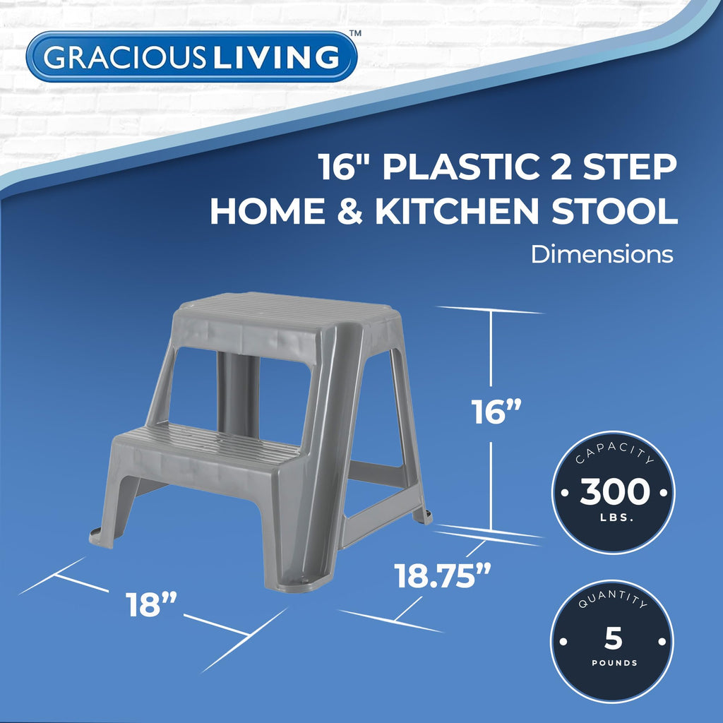 Gracious Living 2-step Stool, Portable Plastic Stepping Stool for Dorm, Home, Classroom, or Office, 18"l X 18.75"w X 16"h - 300 Pound Capacity,