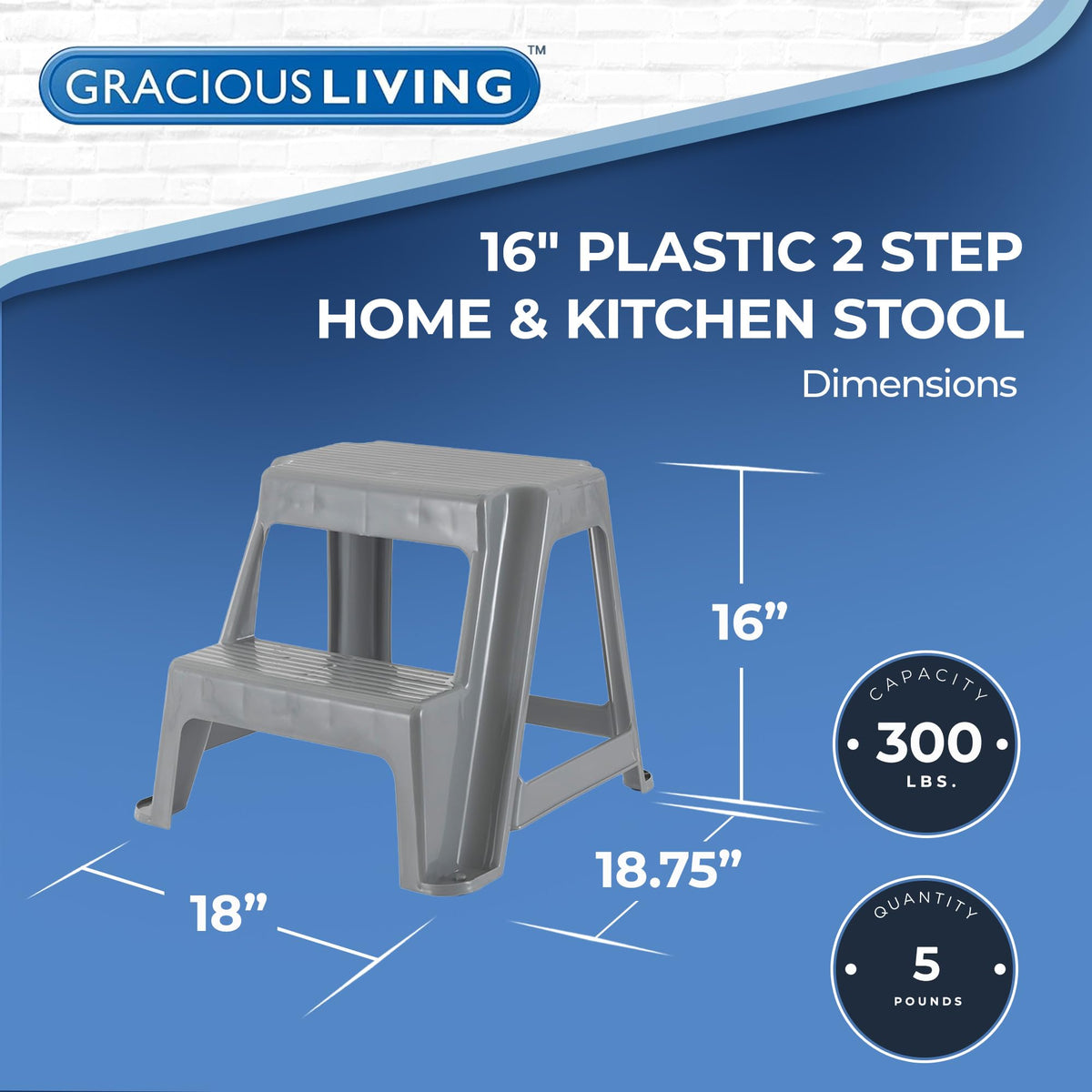 Gracious Living 2-step Stool, Portable Plastic Stepping Stool for Dorm, Home, Classroom, or Office, 18"l X 18.75"w X 16"h - 300 Pound Capacity,