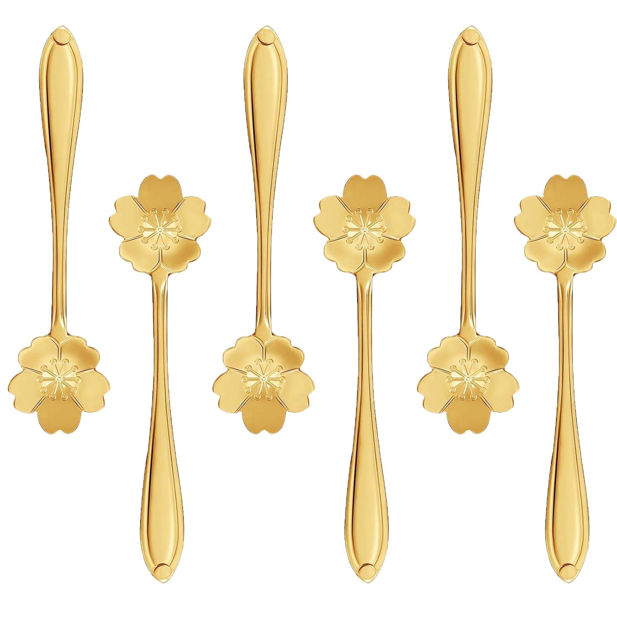 Cherry Blossom Coffee Spoons Set of 6, 5-Inch Gold-Tone Stainless Steel Espresso Spoons, Sakura Flower Mini Tea Spoons for Demitasse, Dessert, Yogurt, Sugar Stirring & Ice Cream