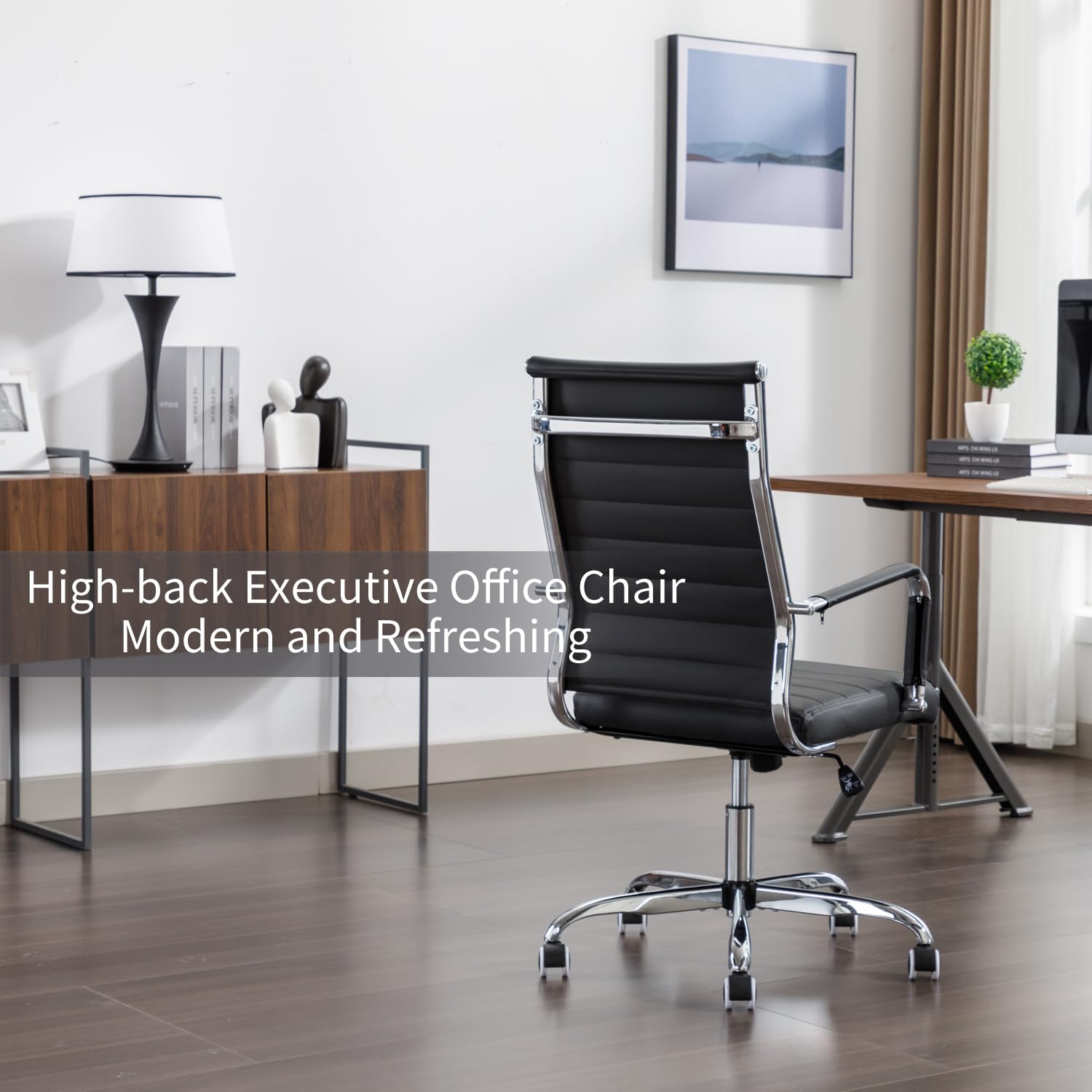 Office Desk Chair Leather, Conference Room Chairs with Wheels, Executive Modern Ergonomic Ribbed Computer Chair, 20"W x 18"D x 14.7-19.7"H